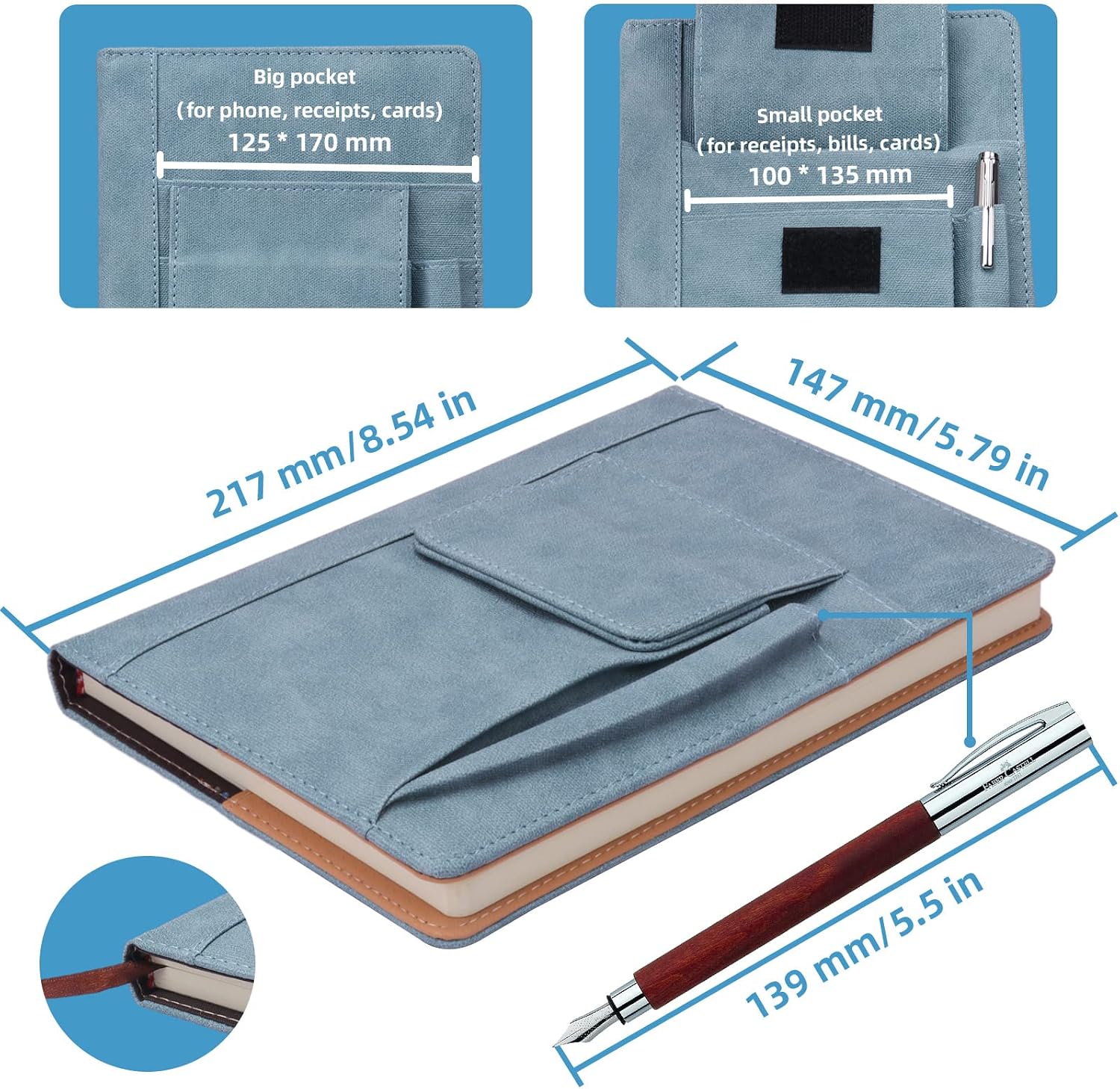Refillable Lined Meeting Journal Notebook, A5 Size Hardcover Journal Notebook for Women Men,100gsm 200 Pages Thick Paper Notebooks with Front Pockets and Pen Pocket, Daily Premium Journal for Writing image 5
