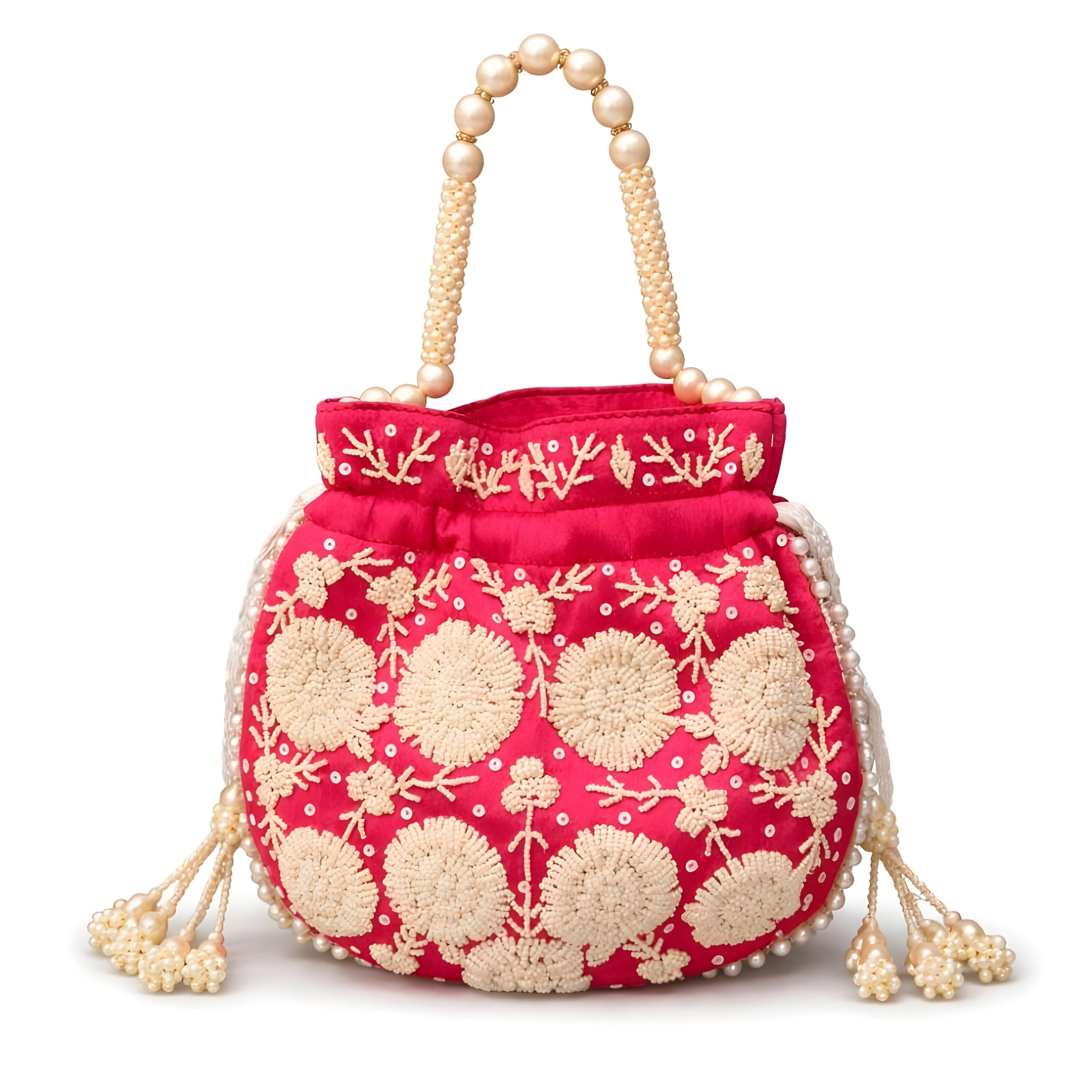 Dark Pink Raw Silk Pearl Embroidered Potli Bag for Women with Pearl Handle & Tassel Latkans | Designer Ethnic Drawstring Handbag for Wedding, Bridal & Traditional Occasions (9 x 6 Inches)-image-12