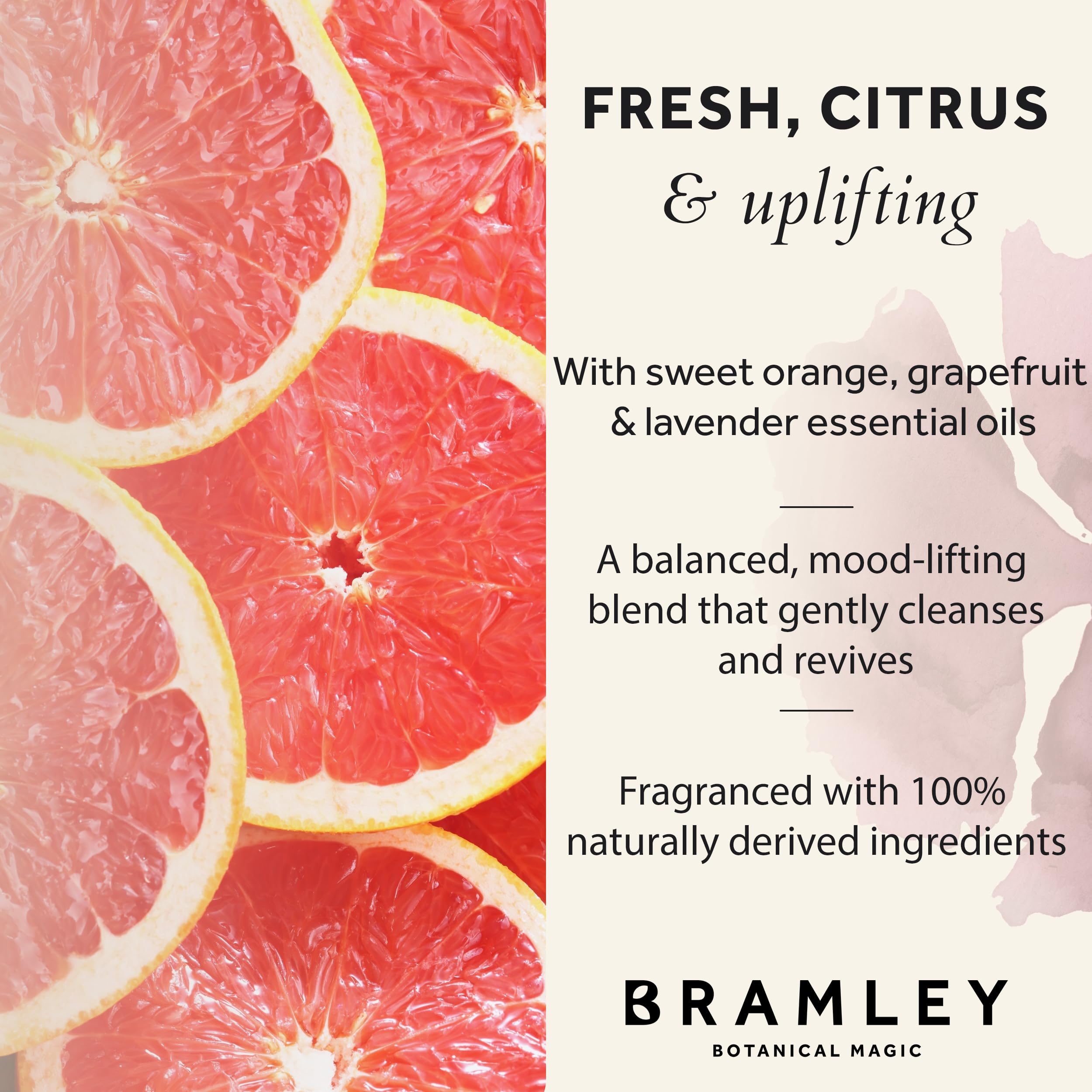 BRAMLEY - Bagnoschiuma da 1 litro, olio essenziale di pompelmo, lavanda e arancia dolce, rinfrescante, fragranza naturale al 100%, ricarica bagnoschiuma, formato famiglia, Green living