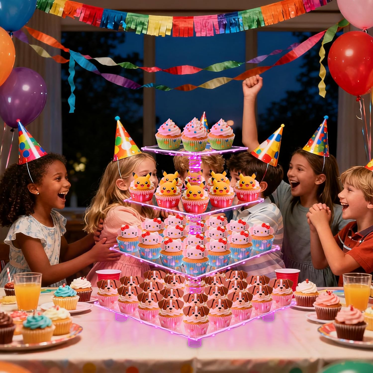 Cupcake Stand – Premium Cupcake Holder – Cady Bar Party Décor – 4 Tier Acrylic Tower Display for Pastry + LED Light String – Ideal for Weddings, Birthday (Pink Light) - Image 3