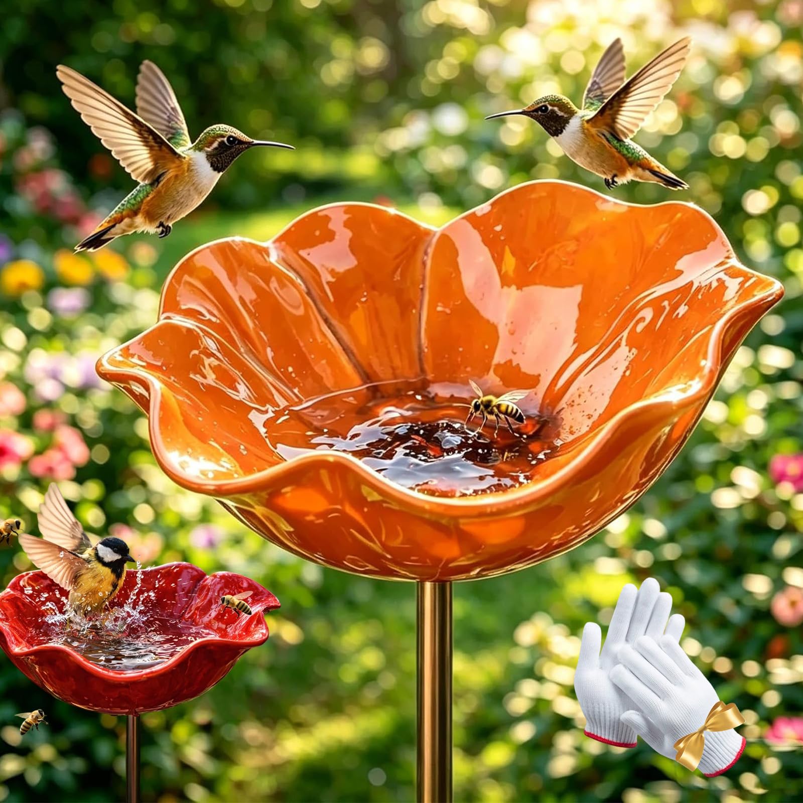2026 New Handmade Metal Flower Garden Stake, Metal Flowers For Garden, sMetal Flower sGarden Stake Bird Feeder, Flower Bird Bath Ground Plug Design, Yard Decor (2 Orange)