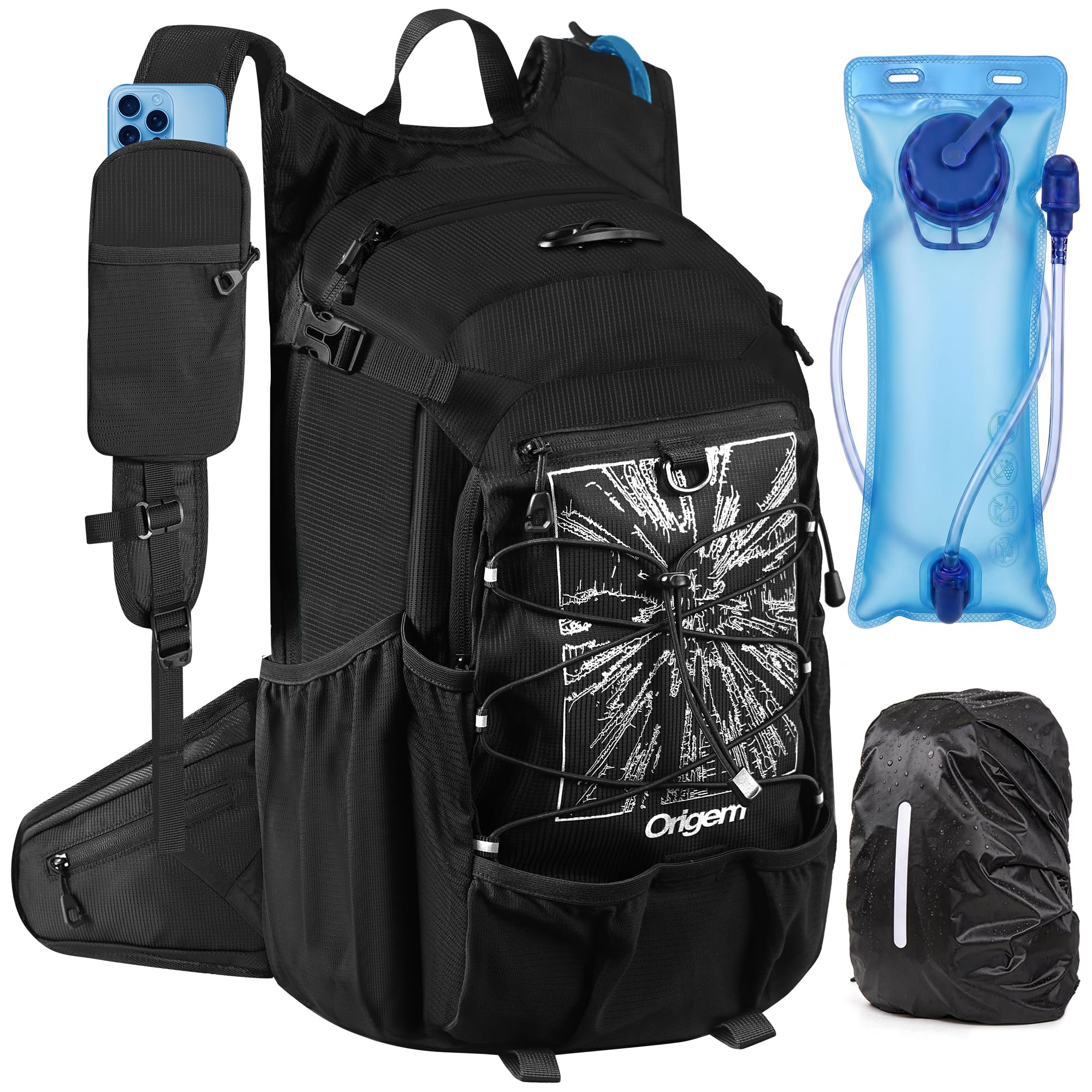 Origem Zaino Idrico da 22L con Sacca iIdrica 3L e Copertura Antipioggia, Zaino da Trekking Resistente all'acqua con Porta Casco, Tasca per Cellulare e 10 Scomparti Ideale per Ciclismo Trekking e Corsa