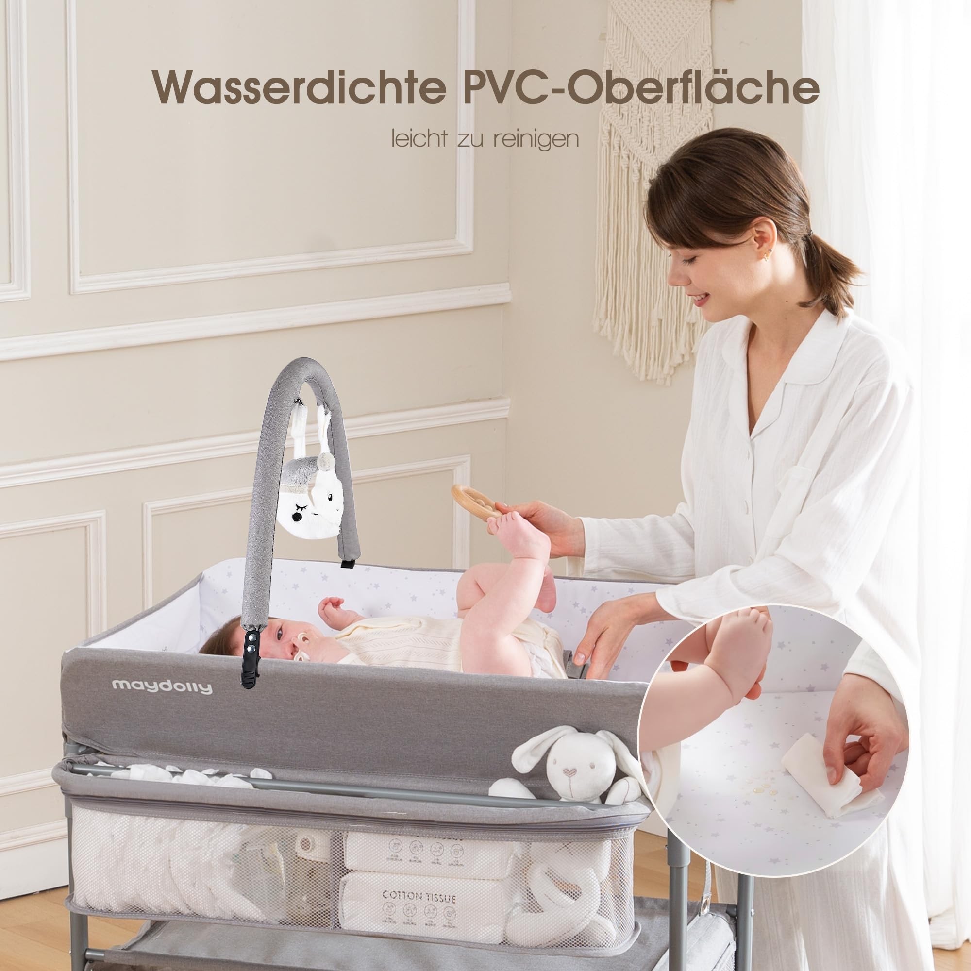 Maydolly Tragbarer Wickeltisch für Babys, Höhenverstellbar mit Rädern, Wasserdichtes Sitzkissen, Grau