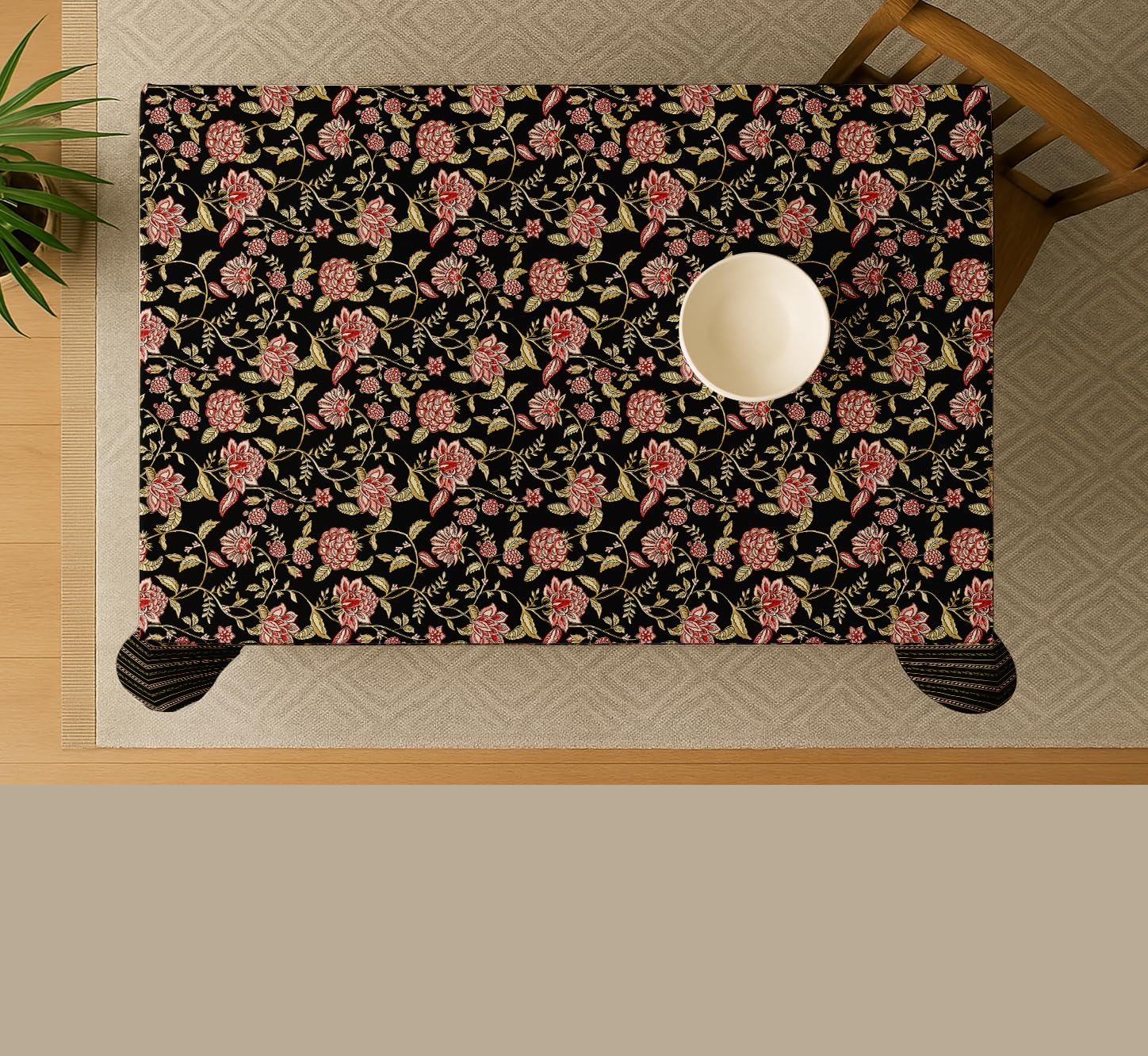 Floral Print Tablecloth - Black Cotton Twill Fabric, 54X54 Inch Square Dining Table Cover for 4 Seater, Durable, Machine Washable, Everyday Dining, Matching Napkins & Available