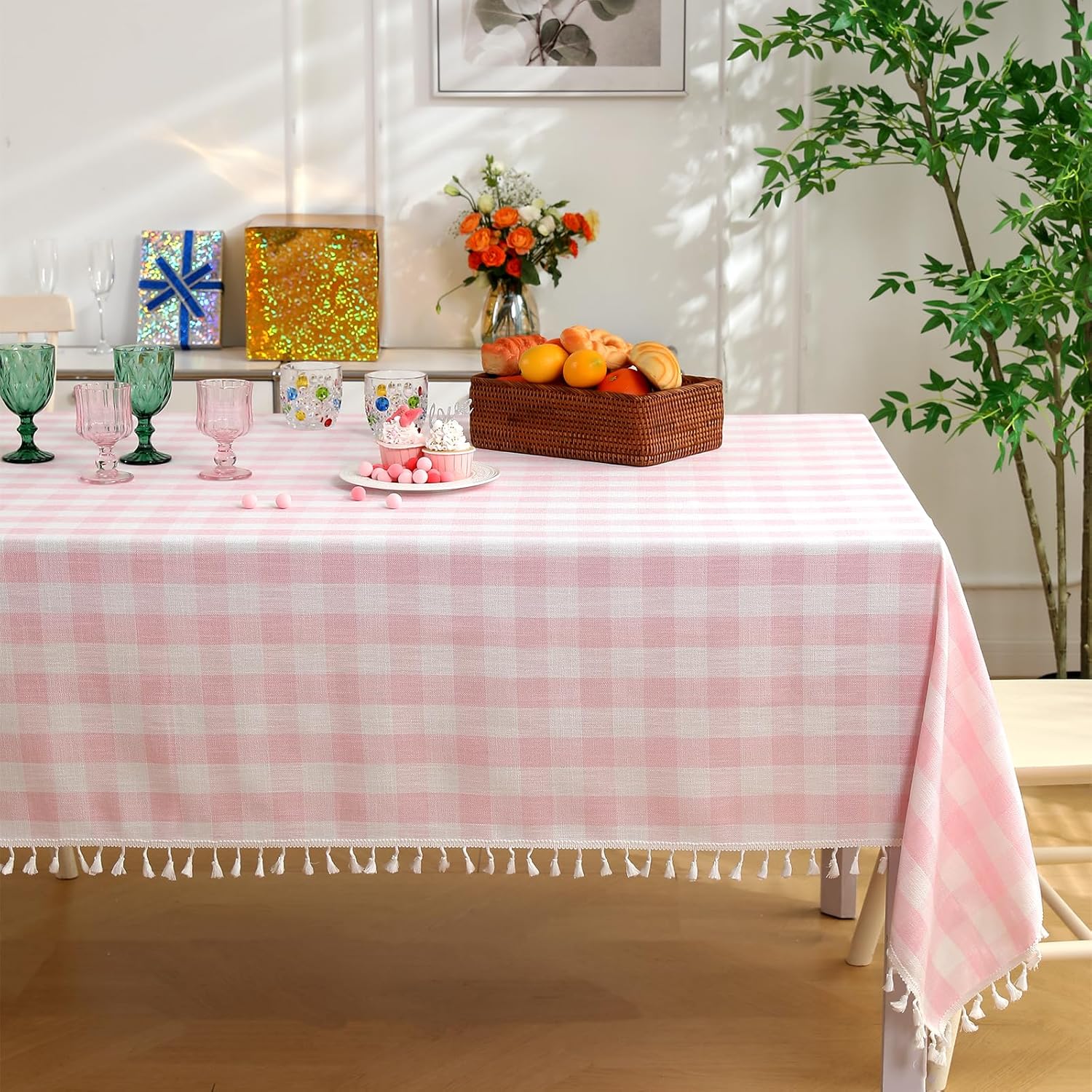 Rectangle Table Cloth for Spring, Summer, Valentine's Day, Easter, Christmas Tablecloth-Farmhouse Gingham Cotton Tablecloths (55" x 70",Pink)