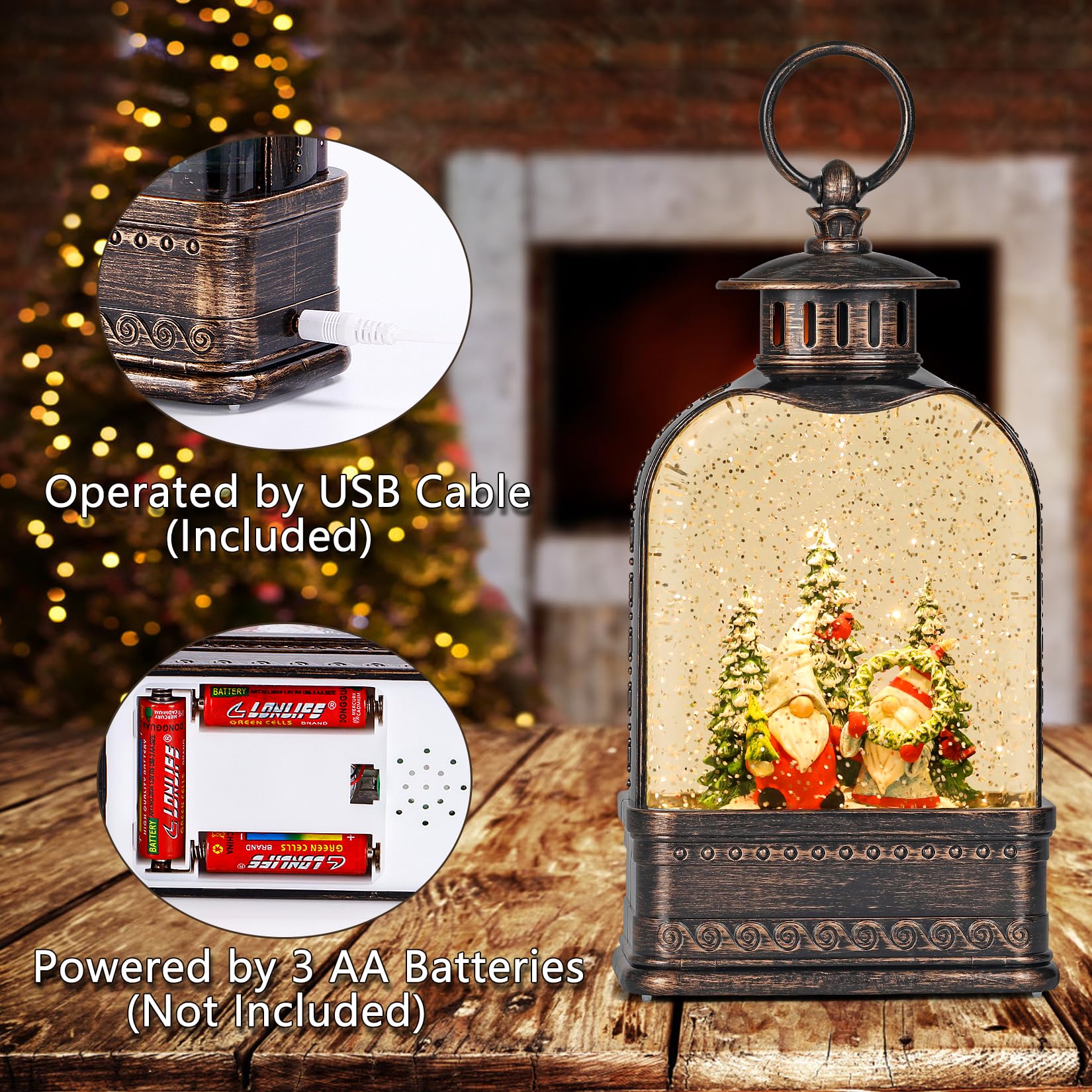 Eyrosa Boule à neige de Noël, boule à neige à paillettes éclairée avec musique, décorations de Noël musicales USB et lanterne à piles, décoration de Noël cadeau