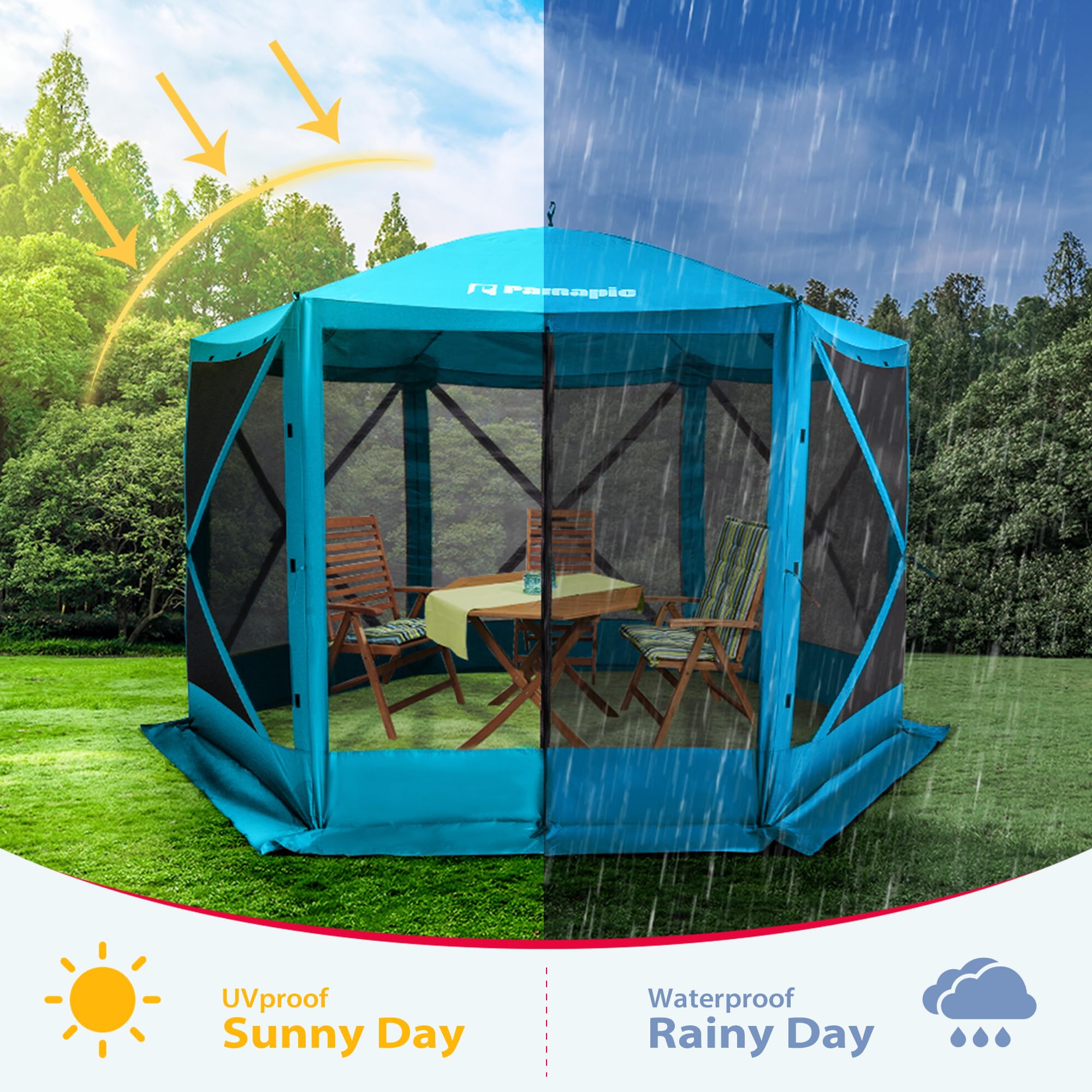 12'x12' Hexagon Pop-Up Gazebo Screen Tent With 6 Side Walls | Portable Instant Shade Canopy (Brown) - Lifetime Warranty