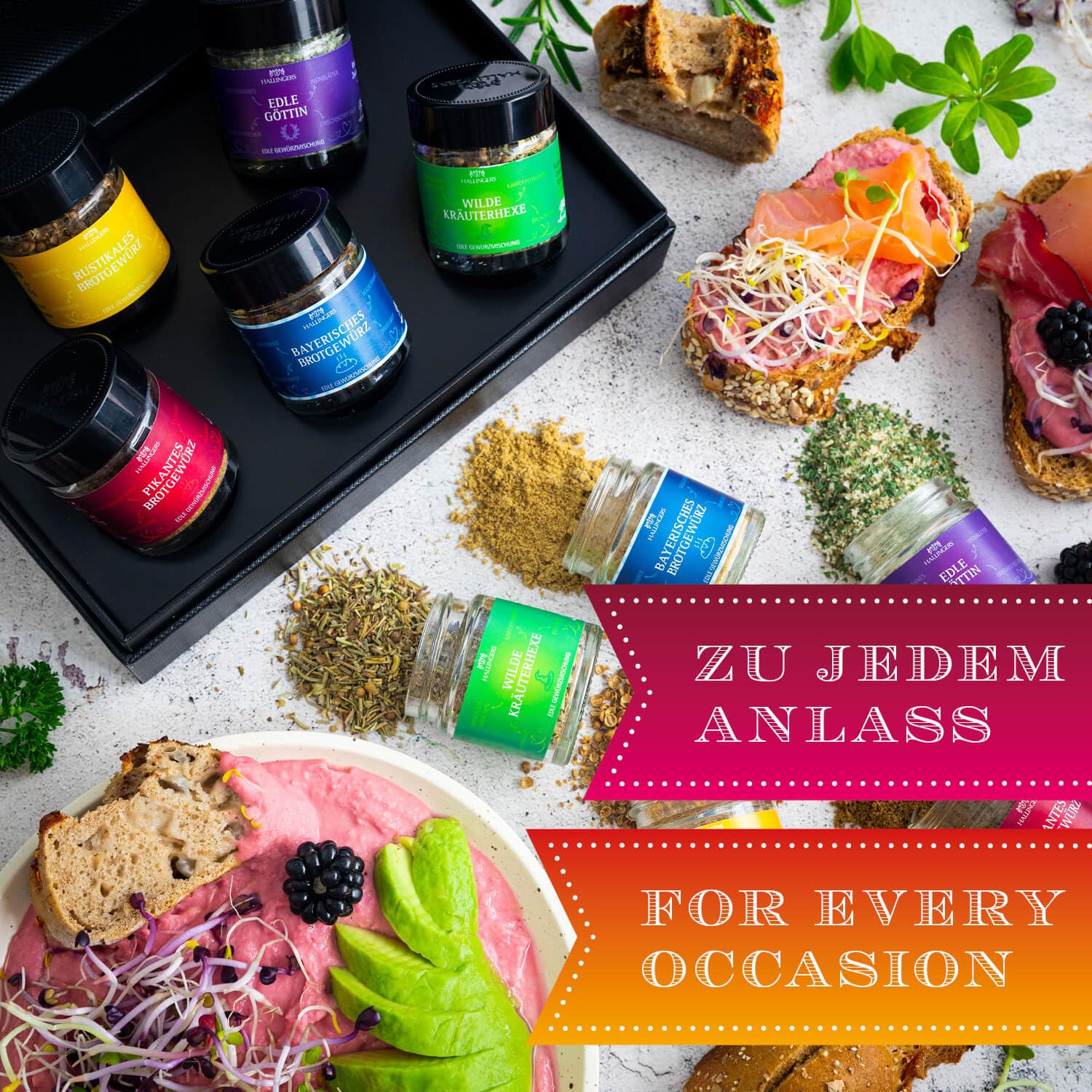 Hallingers Genuss Manufaktur Gewürz Geschenk-Set - 5 Gewürze aus aller Welt in wertiger Geschenkbox mit Rezept-Booklet "Brot-Backlust", Geschenkidee für Frauen Männer
