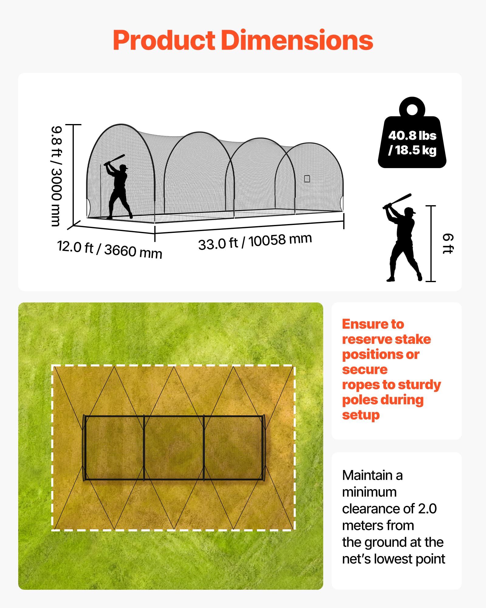 VEVOR Gabbia da Battuta da Baseball da 10058 x 3660 x 3000 mm Indipendente con Poliestere senza Nodi a 4 Strati e Apertura per Macchina da Lancio, Gabbie da Battuta in Rete per Interni Esterni
