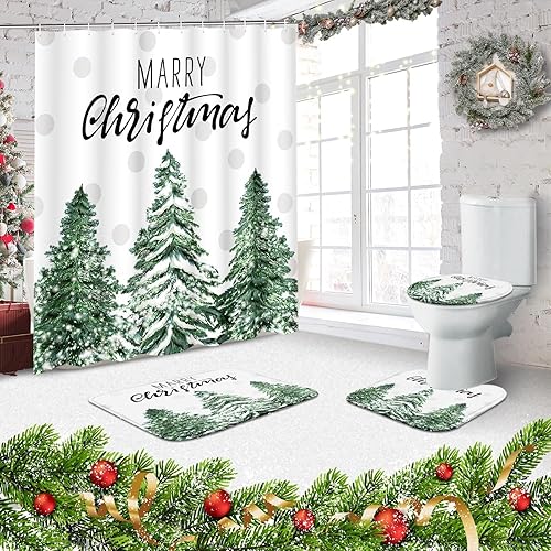 Miniatura 5 de ArtSocket Juegos de baño con árbol de Navidad con cortina de ducha y alfombras y accesorios, juegos de cortinas de ducha de paisajes de nieve de