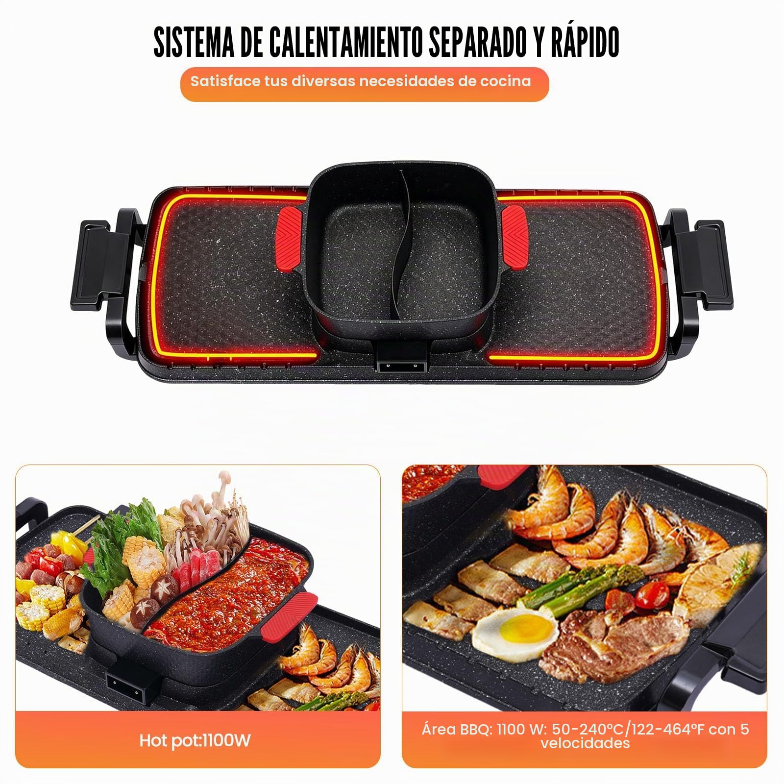 Barbacoa eléctrica 2 en 1, 1100 W + 2200 W, olla caliente multifuncional para barbacoa, olla caliente coreana de aluminio fundido, antiadherente multifuncional, doble control, shabu shabu, olla