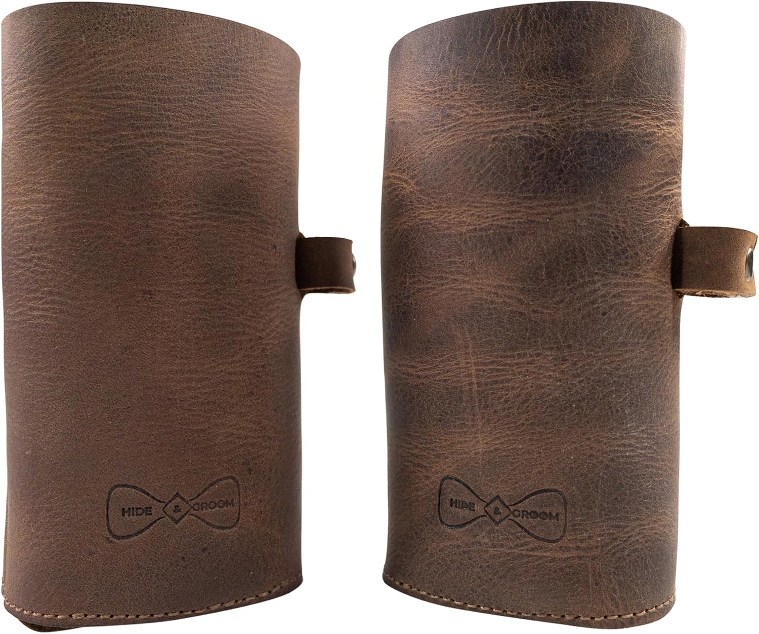 Hide & Groom, Set of 2 Bottle Sleeves with Bottle Opener Slot for Weddings, Best Man Accessories, Rustic Covers for Standard Bottles, Collapsible, Full Grain Leather, Handmade, Bourbon Brown