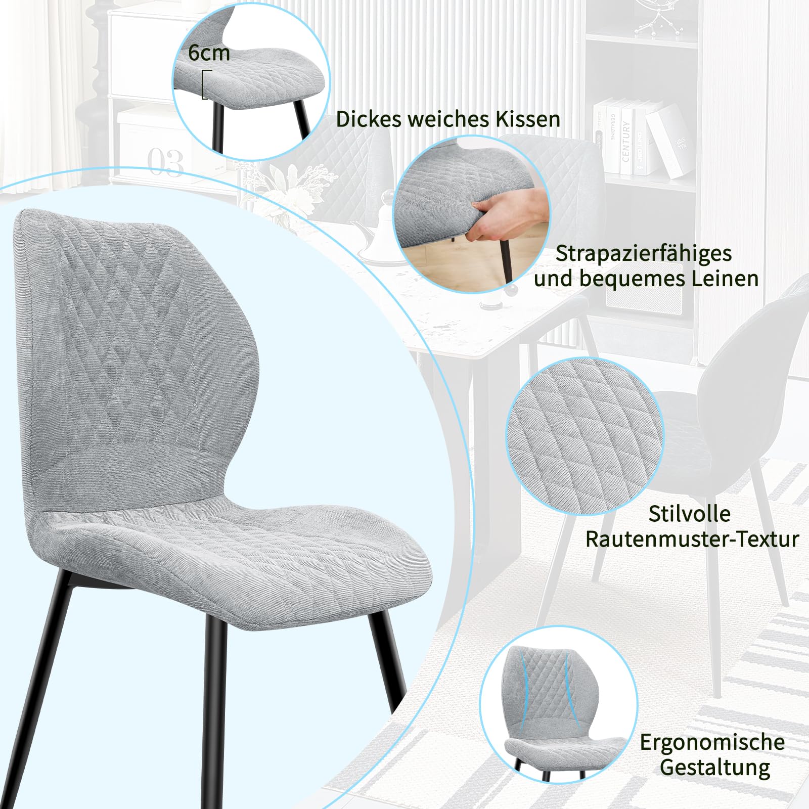 JIJIAN Essgruppen mit Dunkelbraun Holz Esstisch und 6 Grauer Stühle, Rechteckiger Esstisch in 140 x 80 x 76 cm mit 6 Ergonomischer Design Leinen Esszimmerstühle, für Esszimmer, Küche, Wohnzimmer