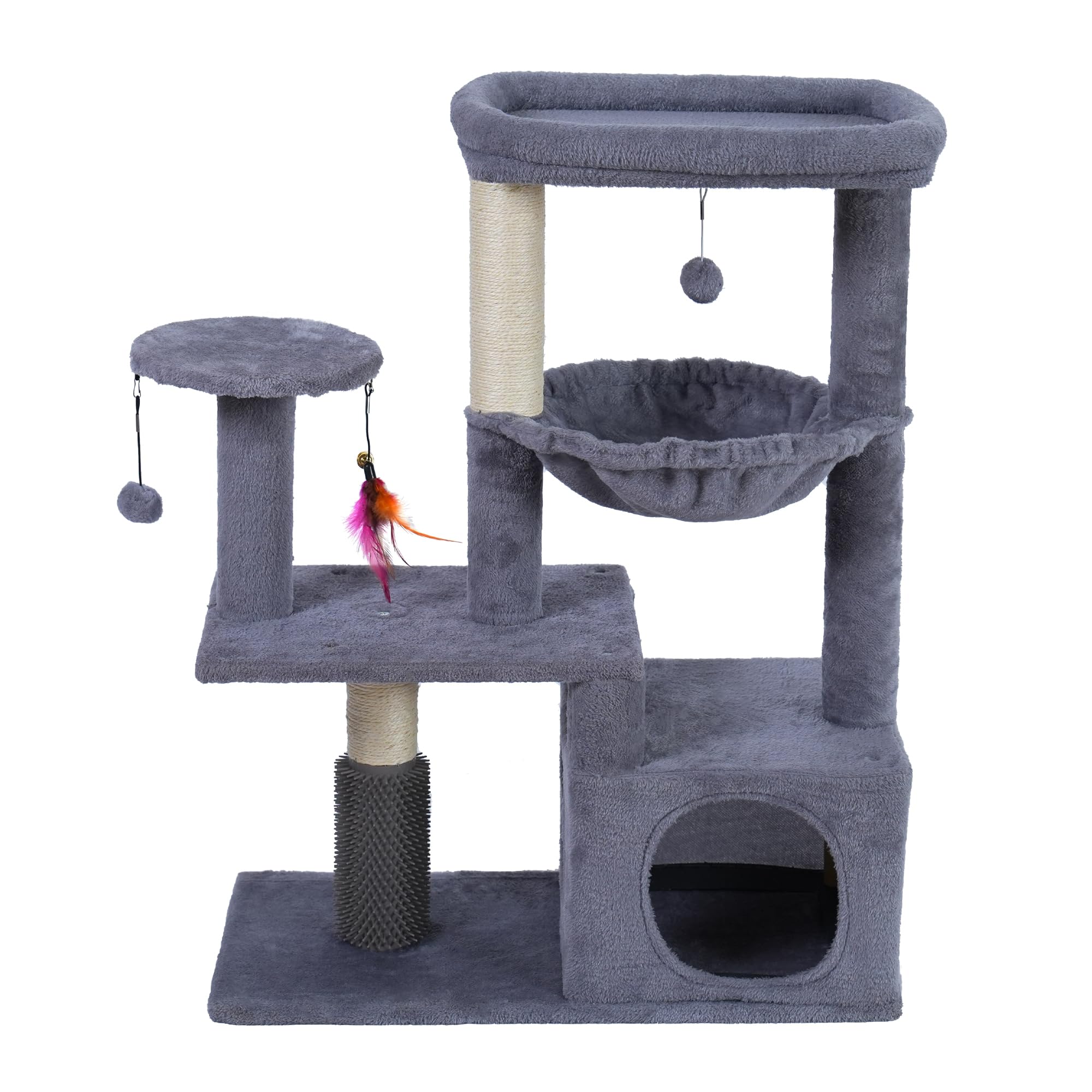 multi-level cat tree for indoor cats, cat tree tower with big cat hammock, indoor climbing activity tower with scratching posts, grey
