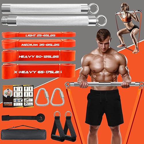 Portable Extra Heavy Home Gym Resistance Band Bar Set with 4 Stackable Resistance Bands,Detachable Full Body Workout Equipment Exercise Bar Kit,500LBS Longer Bar with Bands,Workout Guide Included