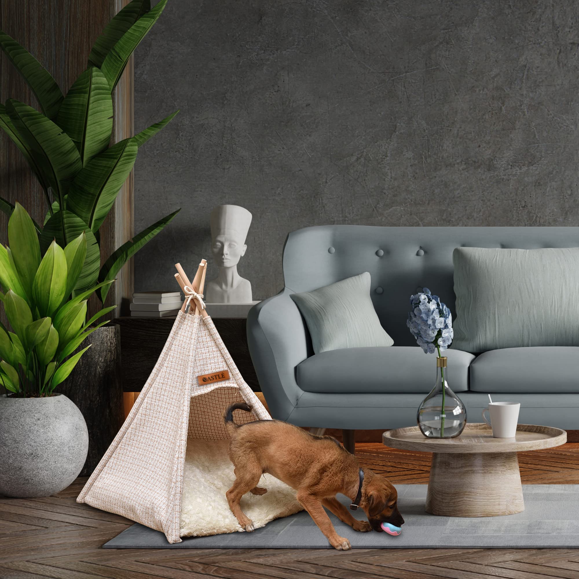 Hunde-Tipi-Bett Mit Kissen, Größe L (bis 15 Kg) – Aus Baumwolle & Kiefernholz, Tragbar, Für Hunde, Katzen & Kleintiere