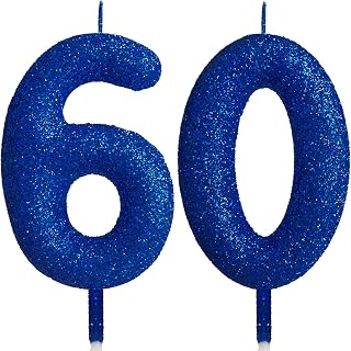 60th Glitter Birthday Candles, Blue Birthday Number Candle for Cake Topper Decorations for Girls Birthday Party Wedding Anniversary Celebration Supplies