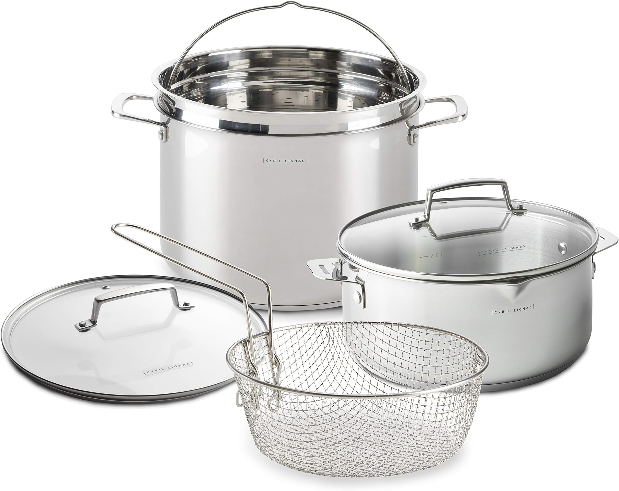 Cyril Lignac 24 cm Casserole with Lid and Frying Basket and 26 cm Saucepan with Lid and Steam/Couscous Basket