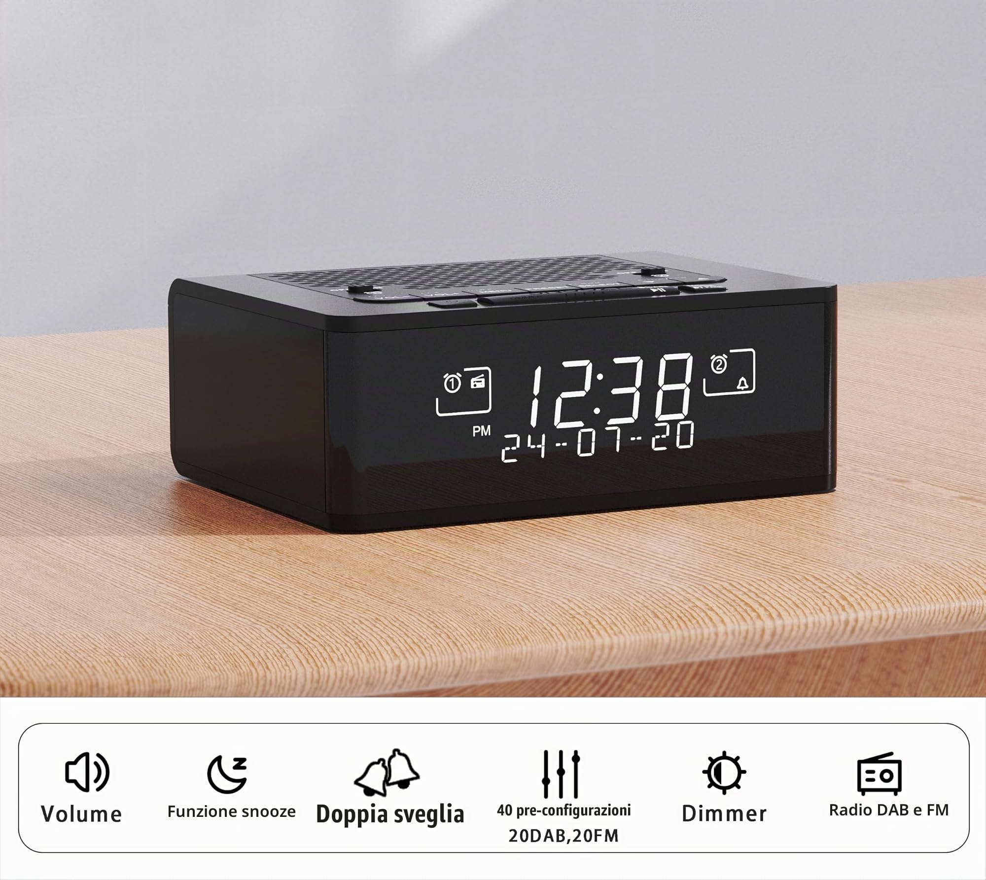 iTOMA Sveglia radio DAB e FM con 40 stazioni preimpostate, display LCD dimmerabile, doppia sveglia con pulsante ON/OFF, snooze, Bluetooth 525