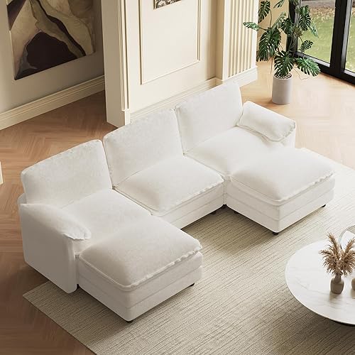 114" U Shaped Cloud Couch Sectionals Comfy Beige White Sectional Couches for Living Room Modern Fluffy Oversized Modular Sofas with Ottoman, Chenille Large Big 5 Seat Sofa Set
