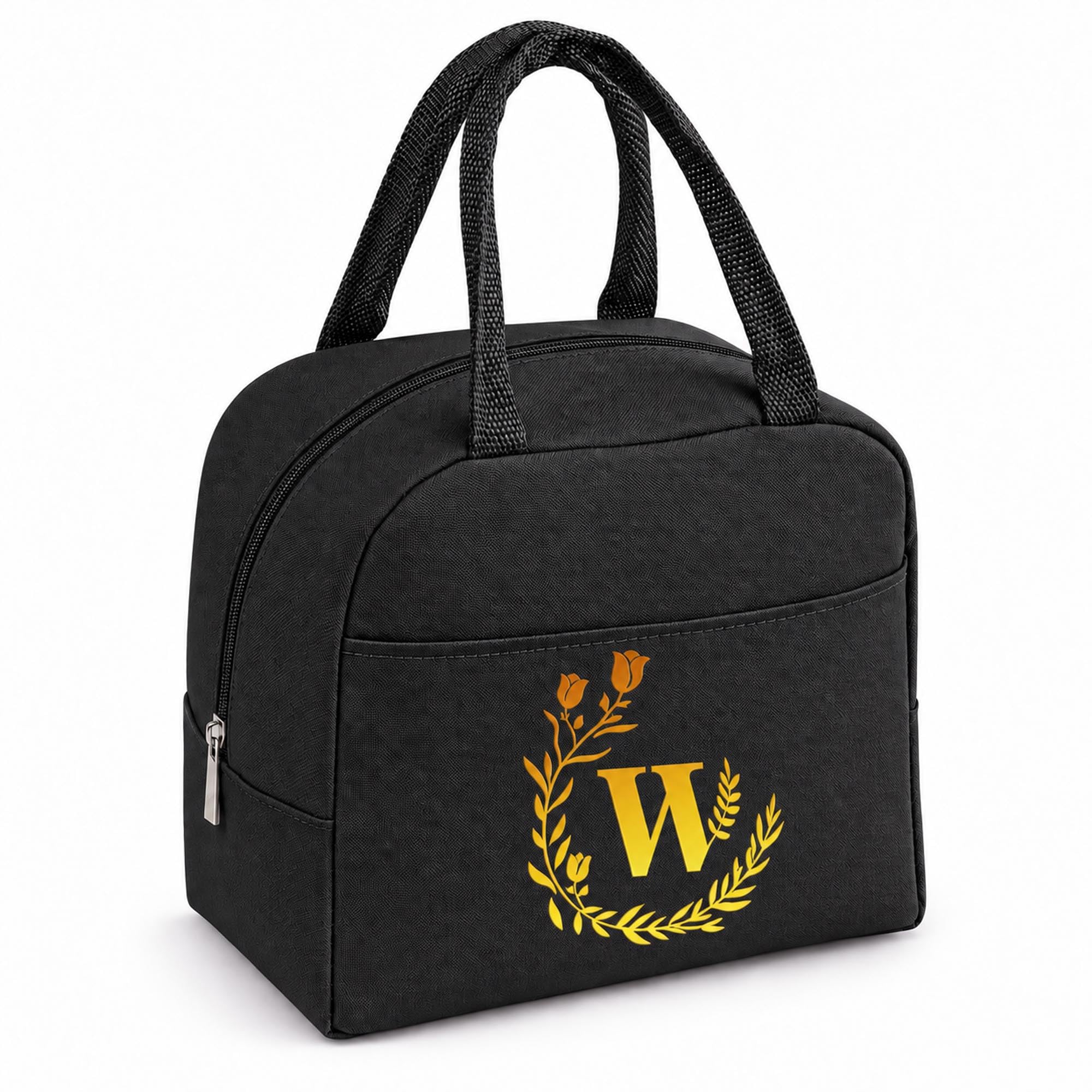 Personalized Black Initial Letters Insulated Lunch Bag for Women Men Kids-W