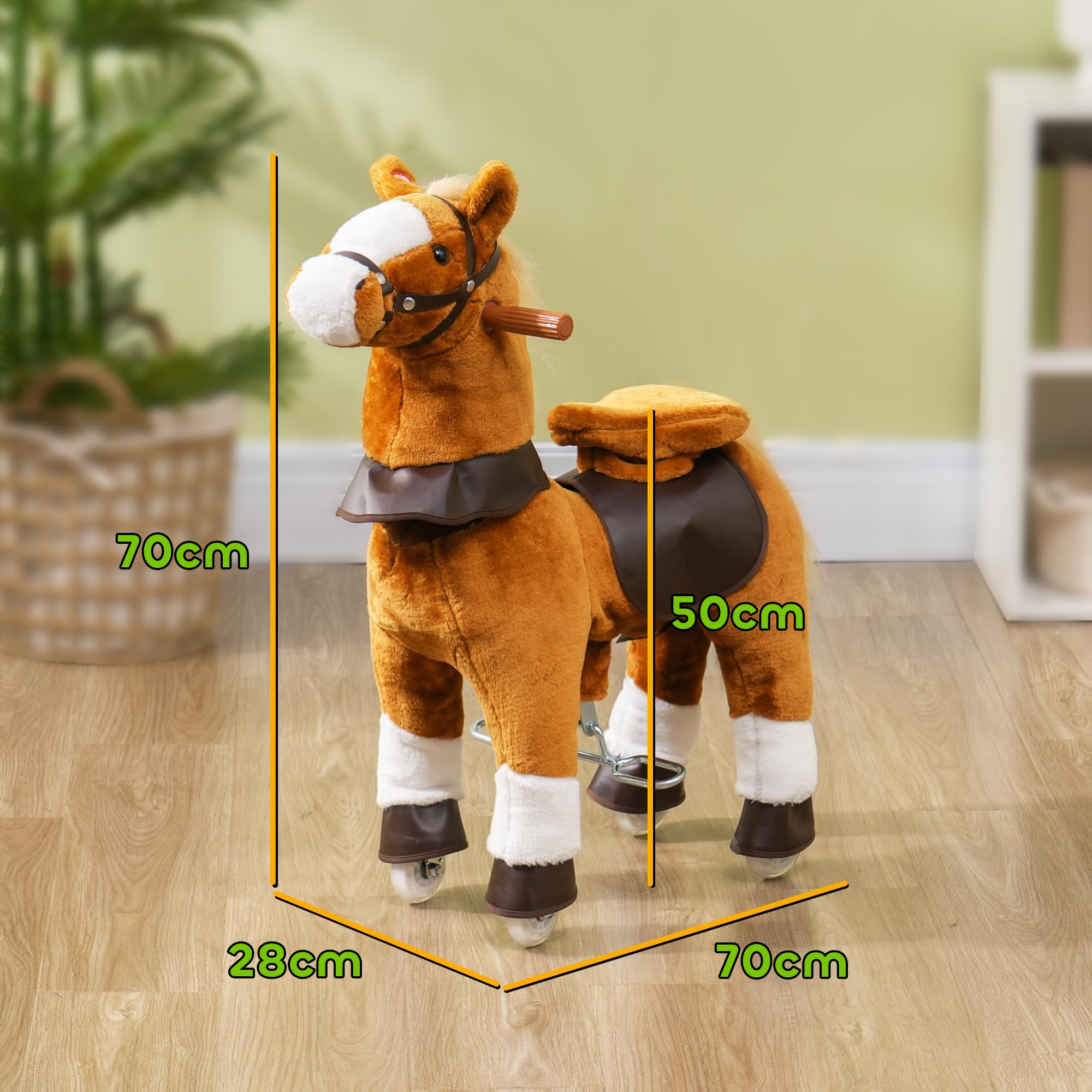 Qaba Cavallo dondolo ruote bambini 3-5 anni fino 60 kg Marrone | Giocattolo cavallo da passeggio, peluche cavalcabile, suono del nitrito