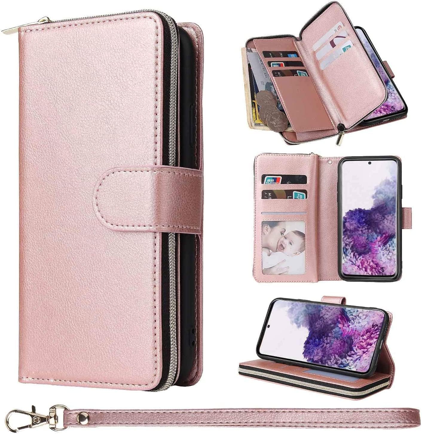 ZCDAYEWallet Case for Samsung Galaxy A13 5G, Premium[Magnetic Closure] [Zipper Pocket] Folio PU Leather Flip Cover with 9 Card Slots Kickstand for Samsung Galaxy A13 5G- Rose Gold
