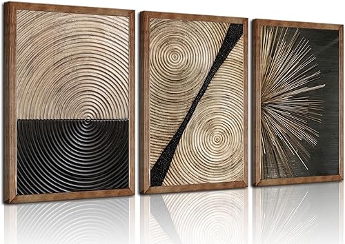 Miniatura 1 de 3 piezas de lienzo abstracto de grano de madera retro, arte de pared minimalista con textura de línea dorada negra, cuadros geométricos neutros,