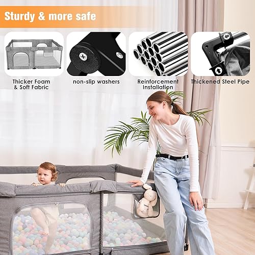 Miniatura 7 de Corralito plegable para bebés con alfombrilla gruesa no extraíble, patio de juegos plegable extragrande para bebés y niños pequeños, corralito de