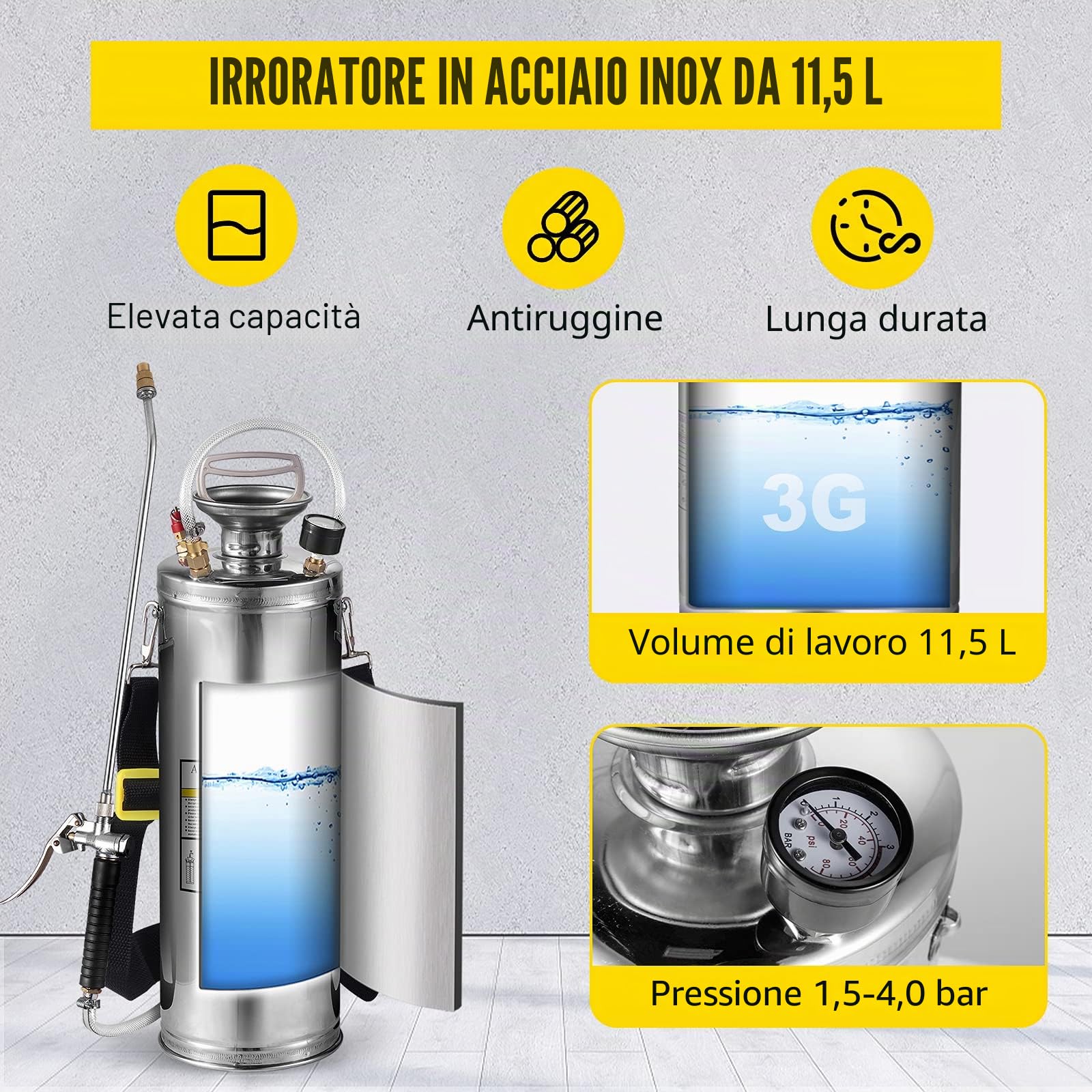 VEVOR Spruzzatore 6L in Acciaio Inossidabile, Spruzzatore Manuale a Pompa, Spruzzatore da Giardino Rinforzato a Pressione da 3,3 Pollici, Spruzzatore per Giardinaggio Domestico e Pulizia del Terreno