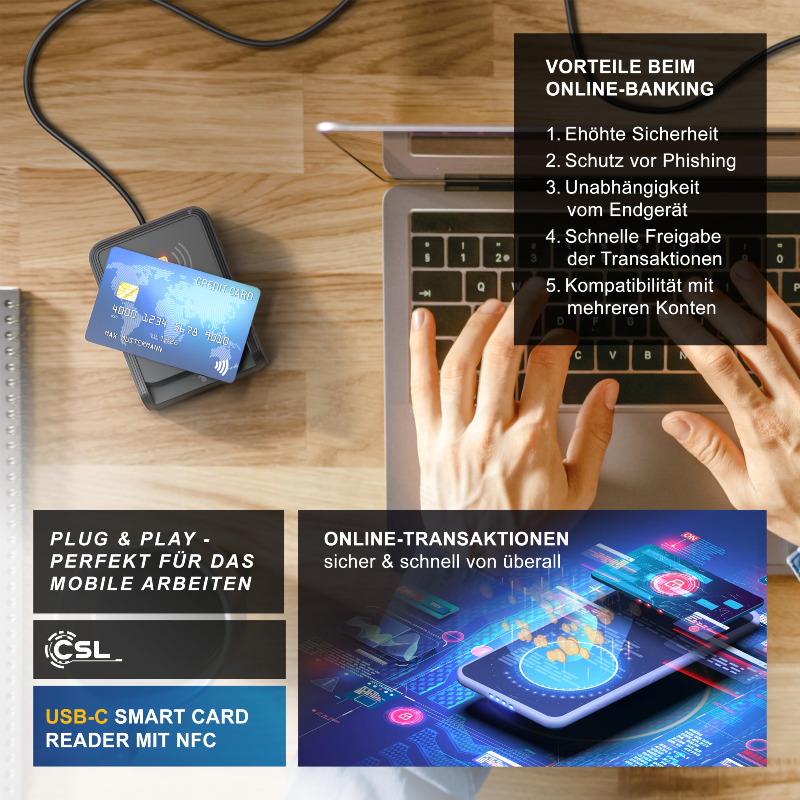 CSL - USB C Chipkartenleser mit NFC - SmartCard Reader - SIM Kartenlesegerät - ISO 7816 – ISO 14443 - Windows 7-11 - für den neuen Personalausweis Krankenkassenkarten Bankkarten - kein EPA