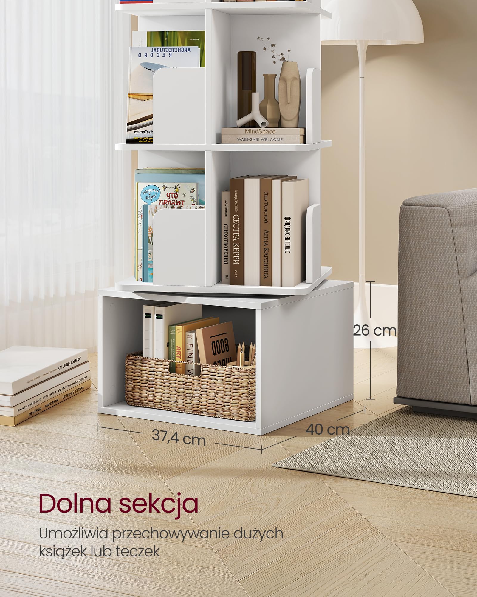 VASAGLE Kolekcja Custom – obrotowy regał na książki, 5-poziomowy regał, wolnostojąca szafka z otwartymi przegródkami, 40 x 40 x 155,8 cm, do sypialni, salonu, biura, Cloud White LBC472WB01