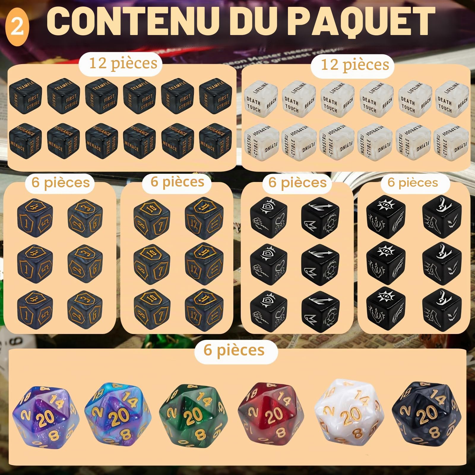 Lot de 90 dés compteurs MTG - Compteurs de compétences, -1/+1, Vie et Bouclier, dés D6 marbrés Multicolores avec Motifs MTG, pour améliorer statistiques créatures (avec Sac)