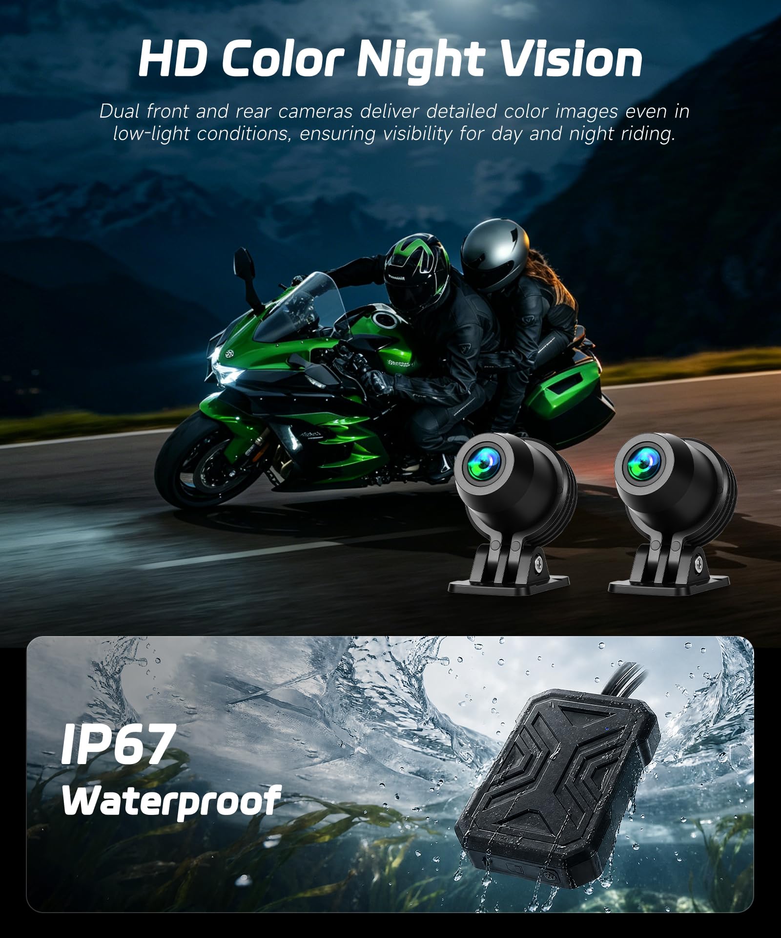 Rimoody Dashcam Moto 1080P Miniaturizzata - Telecamera Anteriore/Posteriore con Rilevamento Collisioni, Registrazione a Ciclo, Modalità Parcheggio, WiFi, per Motocicletta