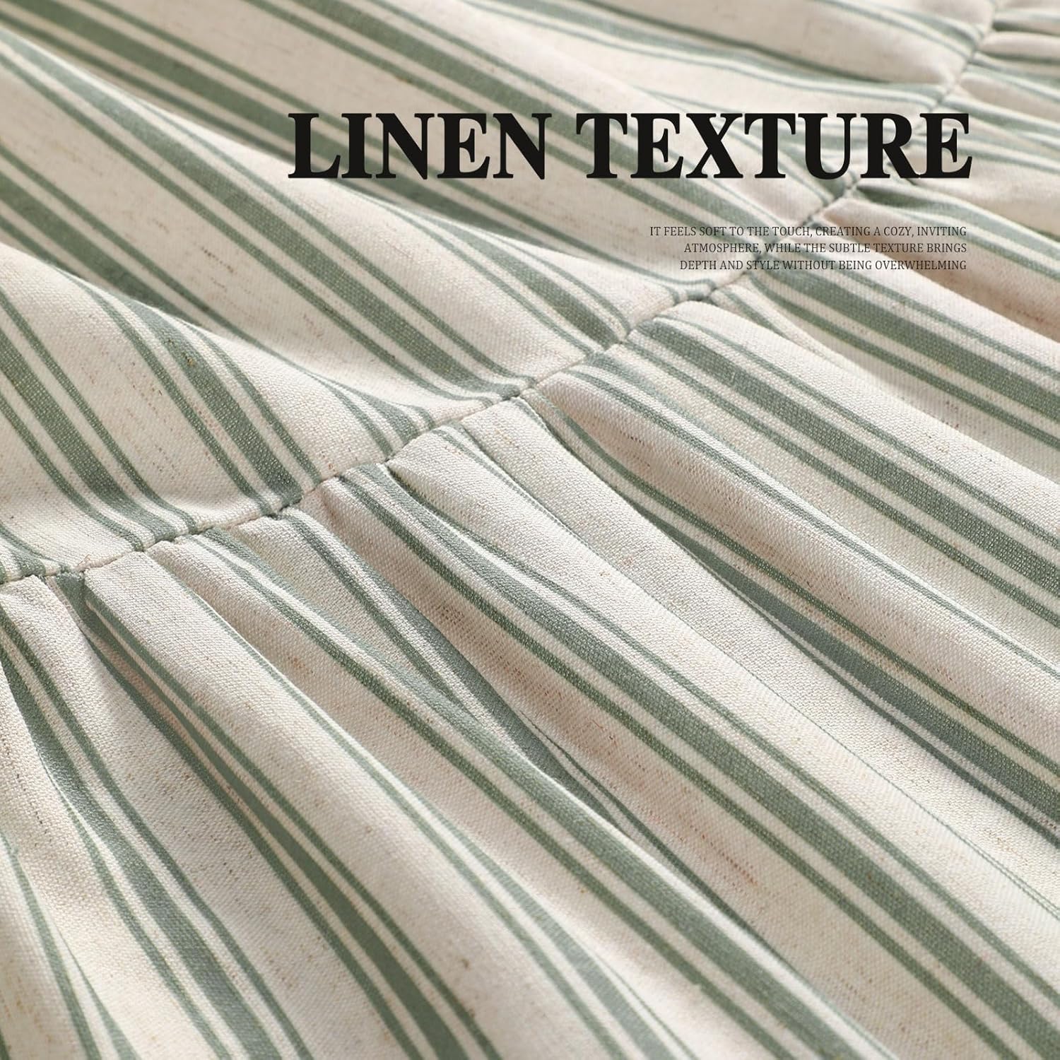 Farmhouse Shower Curtain with Ruffle Hem Linen Shower Curtains for Bathroom Country Vintage Rustic Natural Fabric, Cream-Green Stripe 72" W x 96" L