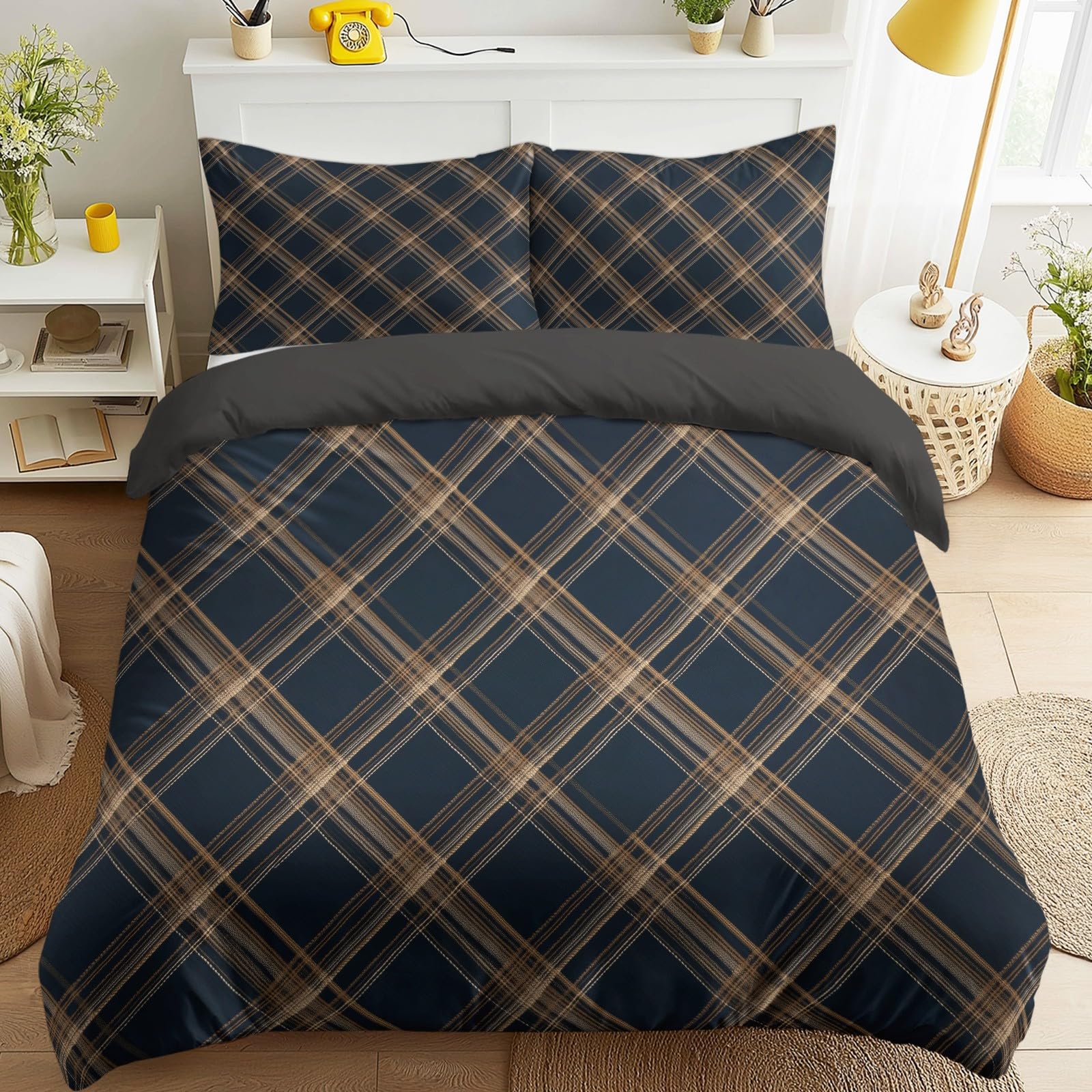 Parure de lit écossaise Queen Size 102x87 avec housse de couette marron et 2 taies d'oreiller