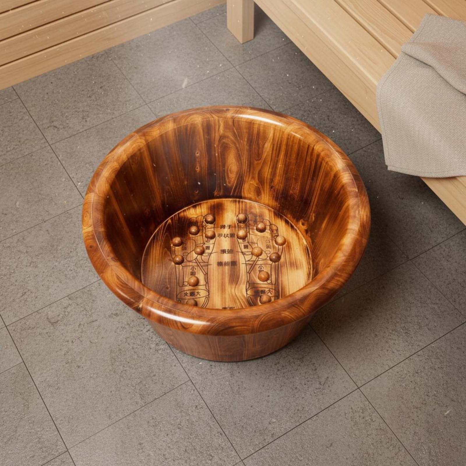 Vasca per Pediluvio in Legno Carbonizzato con Design Profondo per Ammollo Quotidiano dei Piedi Adatta per Sauna E, Carbonizzato Con Punti Di Agopuntura, 26 Cm Di Altezza, Bordo Arrotondato
