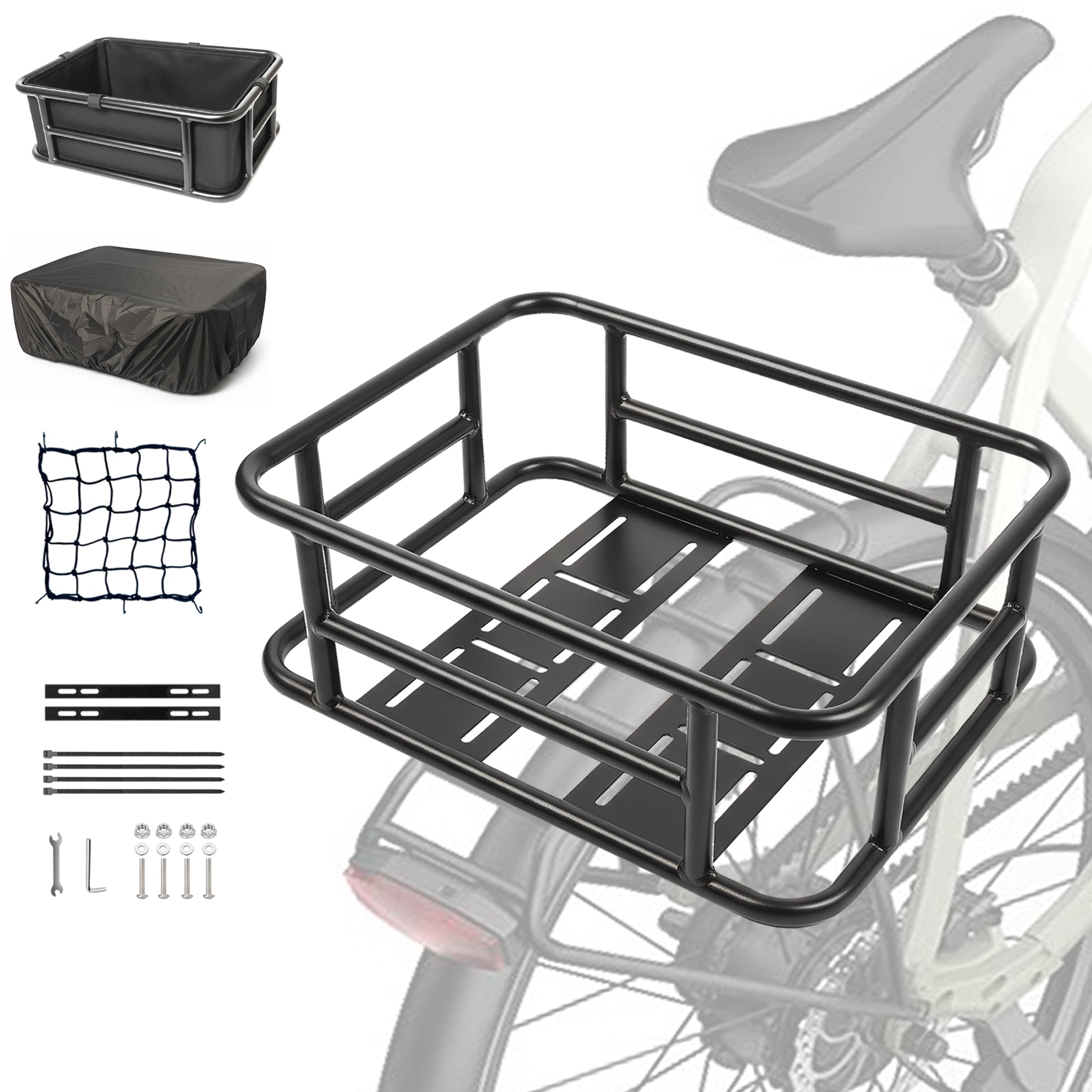 Panier de vélo arrière, grand panier de vélo Pro en métal à l'arrière, panier de vélo robuste porte-bagages arrière pour la plupart des vélos et vélos électriques pour les randonnées à vélo