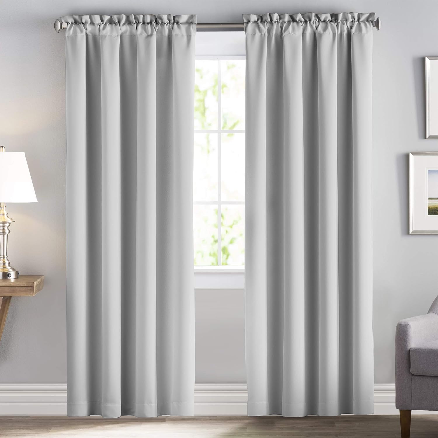 downluxe Rod Pocket Drapes and Curtains 84 Inch Length for Sliding Door - Solid Thermal Insulated Room Darkening Curtains,Privacy Assured (2 Panels, 52 by 84, Greyish White)