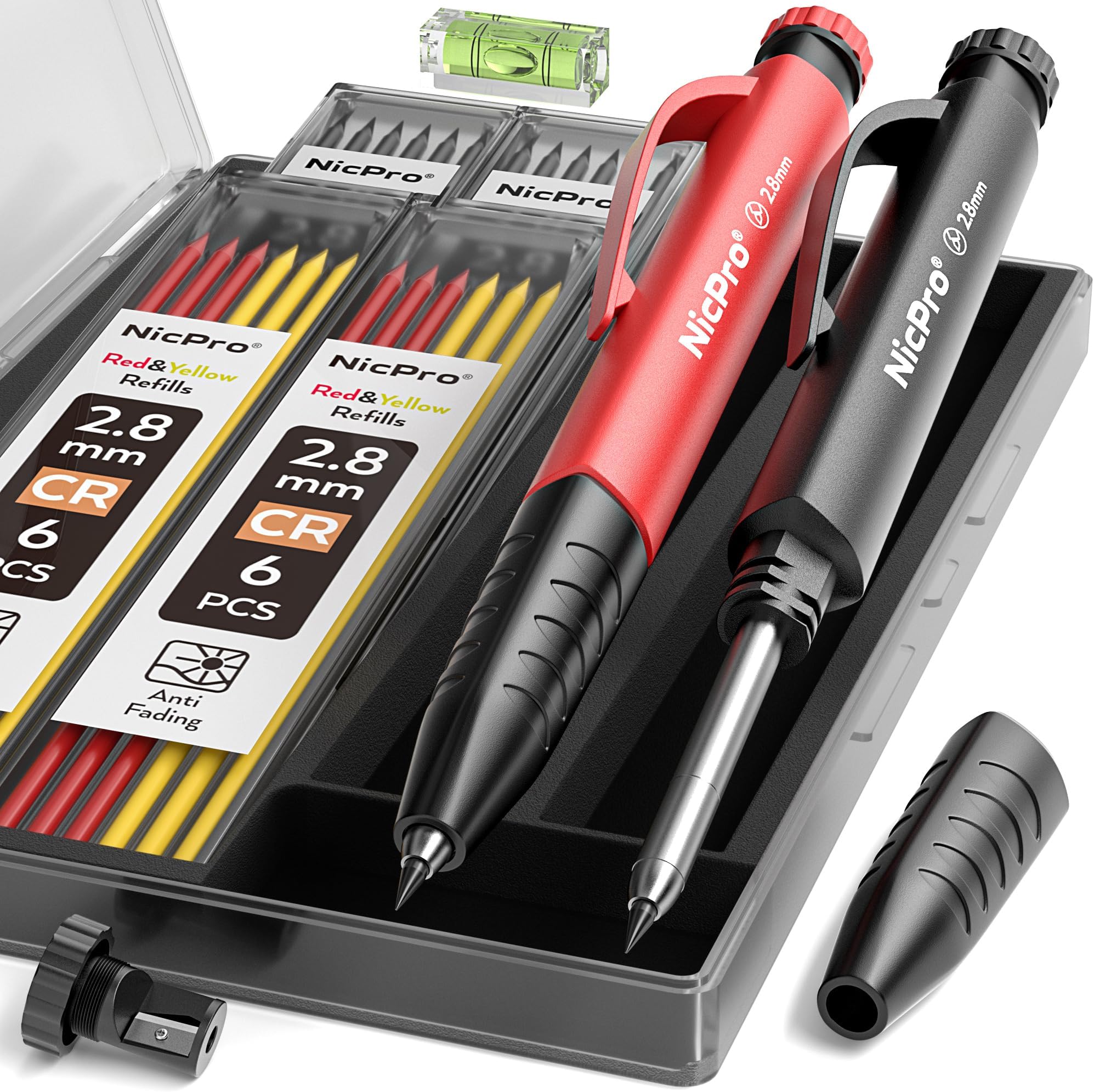 Nicpro 2 Pack Carpenter Pencil Set with Sharpener & Finger Grip, Mechanical Woodworking Pencils with 26 Refills (Red, Black, Yellow), Deep Hole Marker Heavy Duty Construction Pencils - With Case