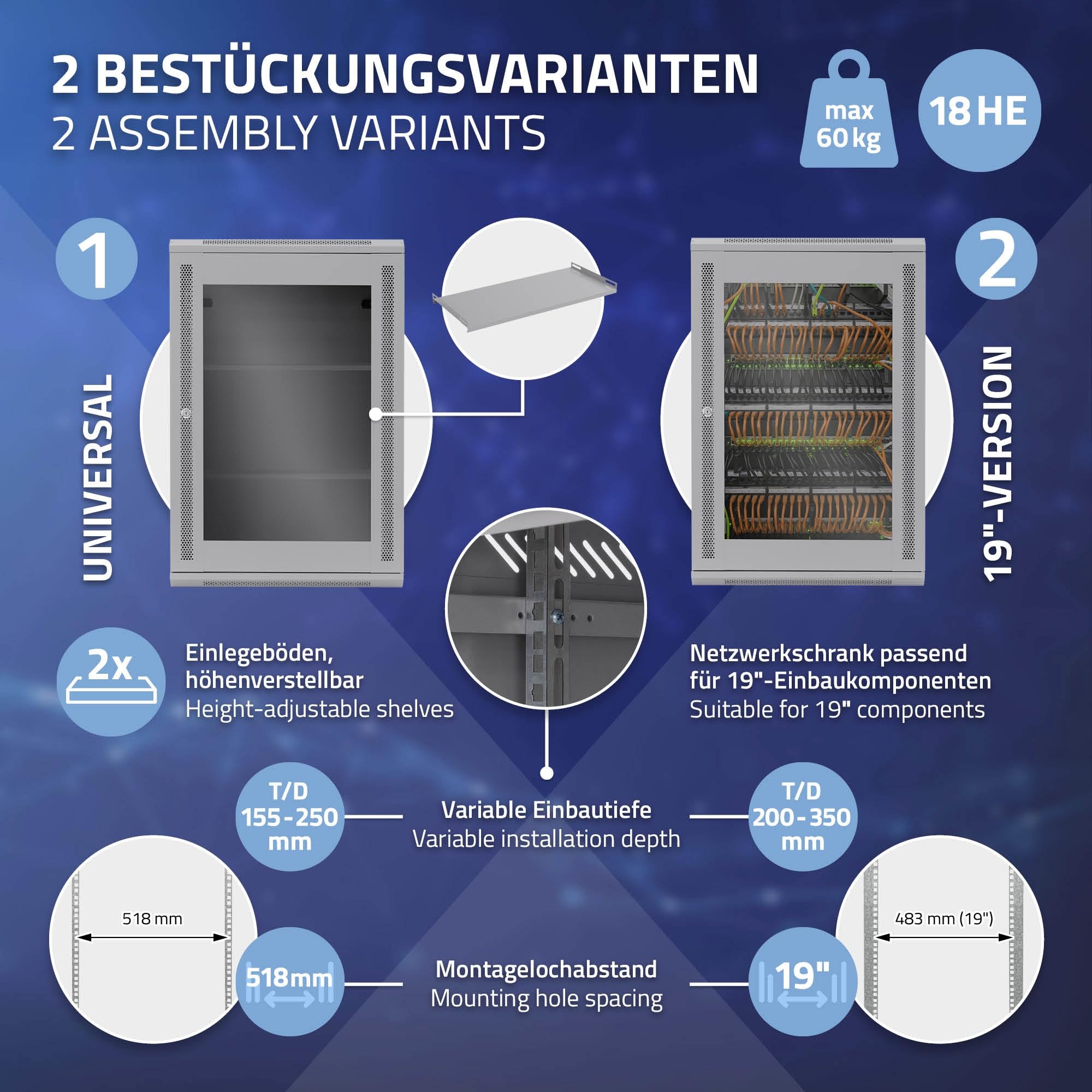 ECD Germany Armadio Rete 18U Armadio per Server 19 Pollici Grigio 450mm Profondità Montaggio a Parete Porta Vetro Sicura Fino a 60 kg Ripiano Incluso Grado di Protezione IP20 Rack 600 x 900 x 450 mm