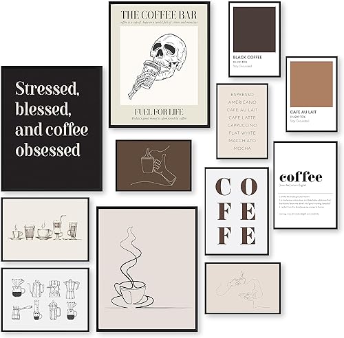 97 Decor Decoración de cafetería – Impresiones artísticas de pared para accesorios de carrito de bar, cuadros vintage de café para cocina,