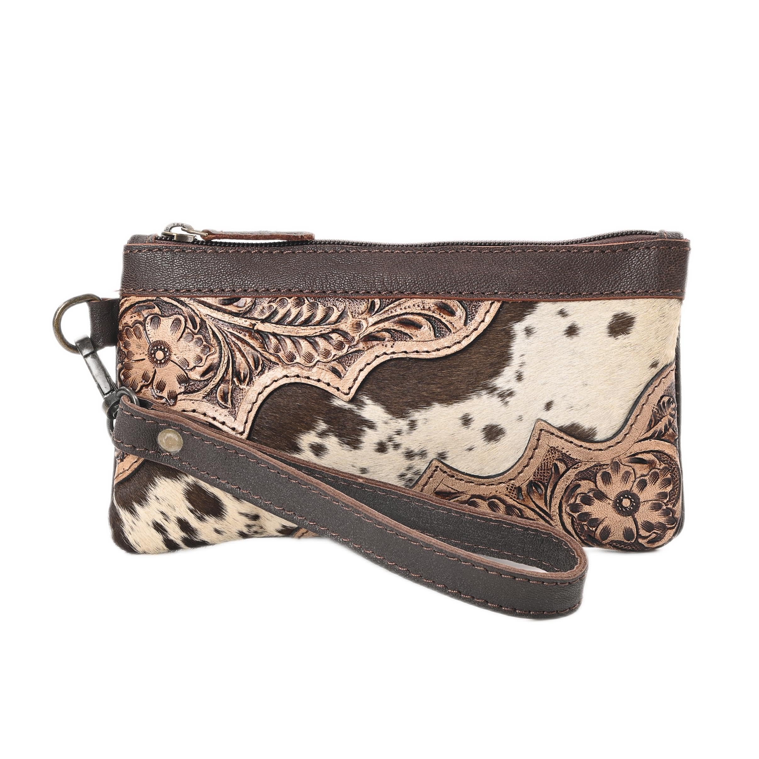 Merbaa Women Hand tooled Natural Cowhide Leather hand Clutch| Hand Bag | Purse| Coin Pouch Bag