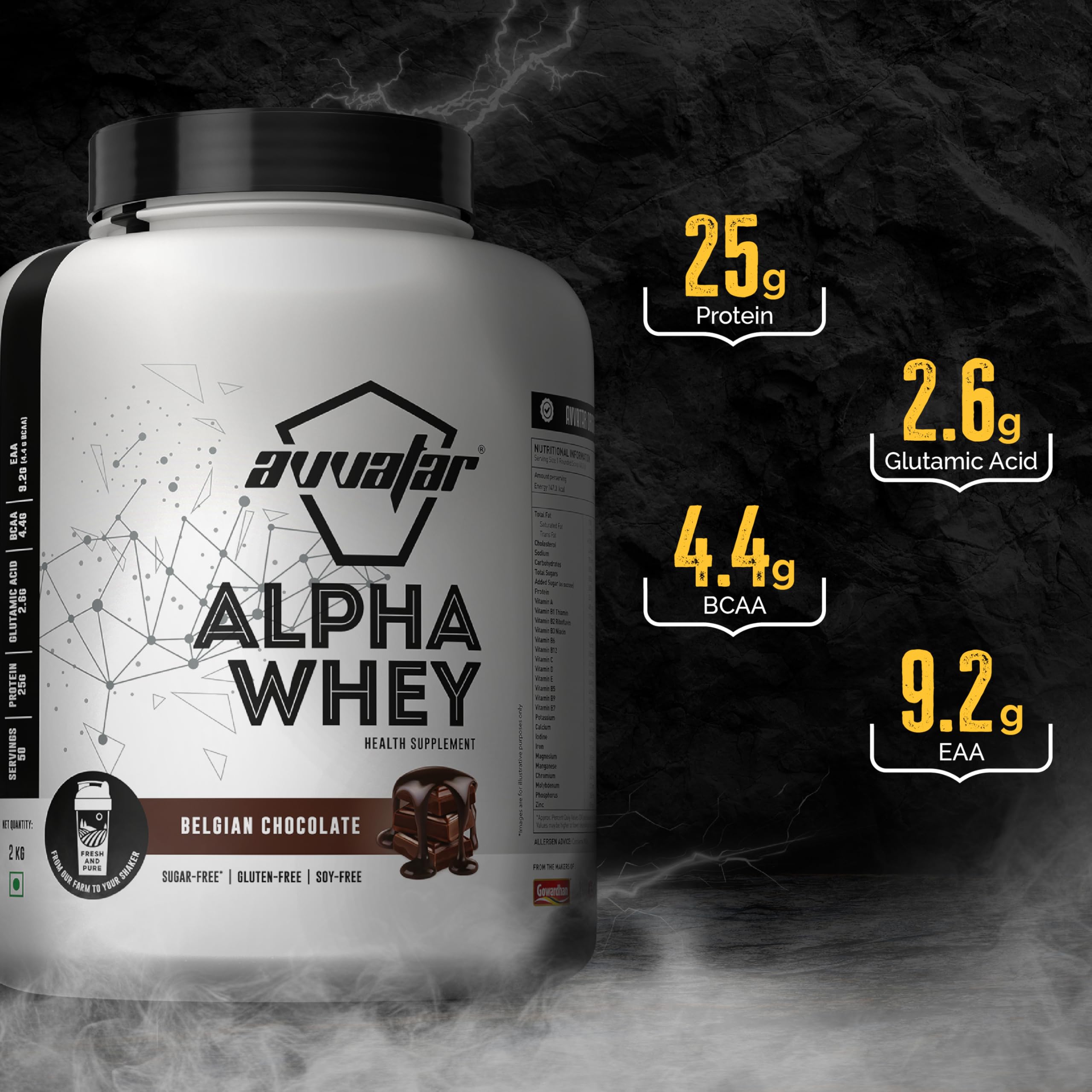 avvatar ALPHA WHEY PROTEIN | 2Kg | Belgian Chocolate Flavour | 25g Protein | 50 Servings — Amazon image 5