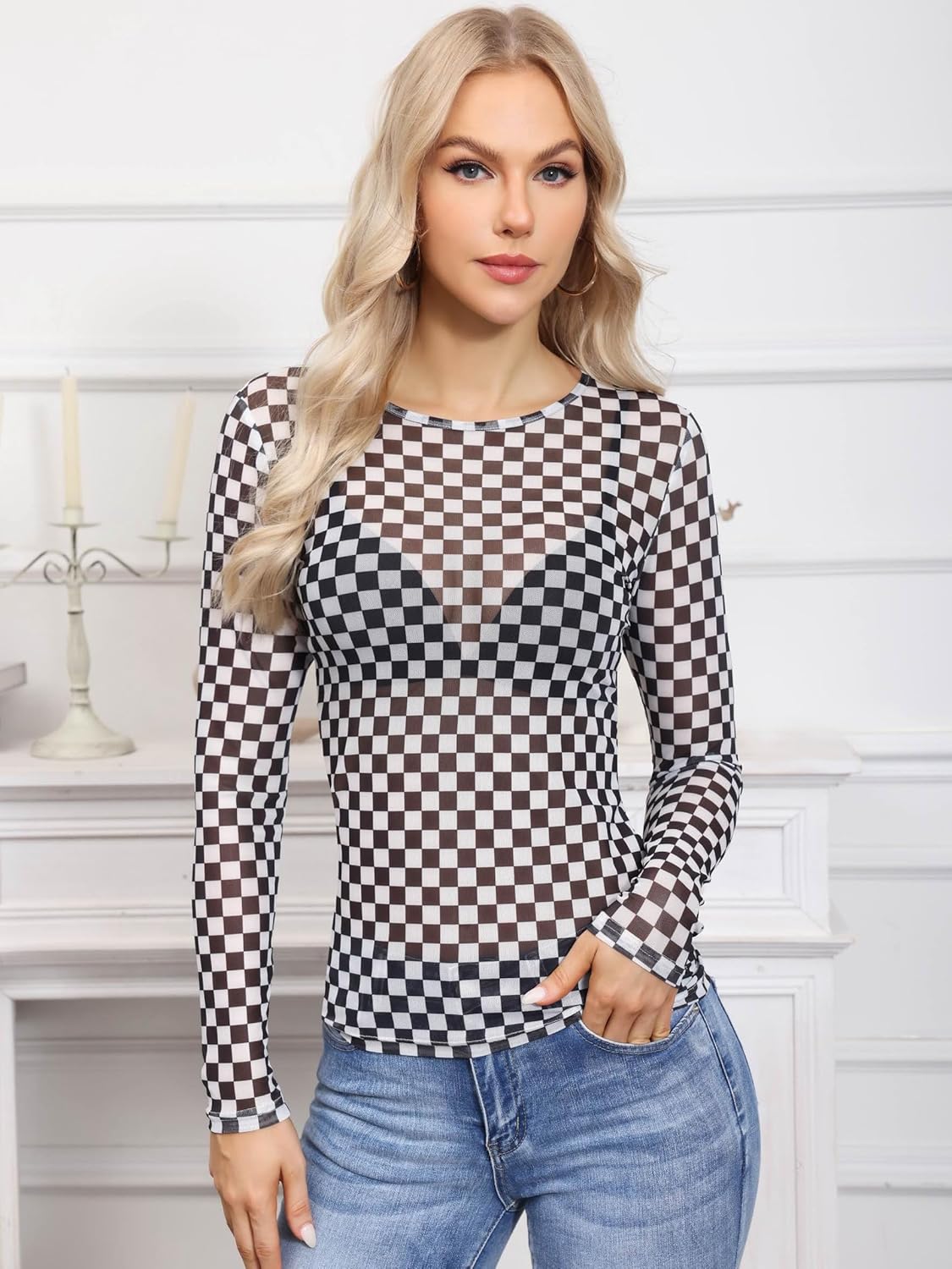 Womens Mesh Tops Lace Long Sleeve Shirts Crew Neck Sexy Fitted See Through Patry Blouse - Image 3