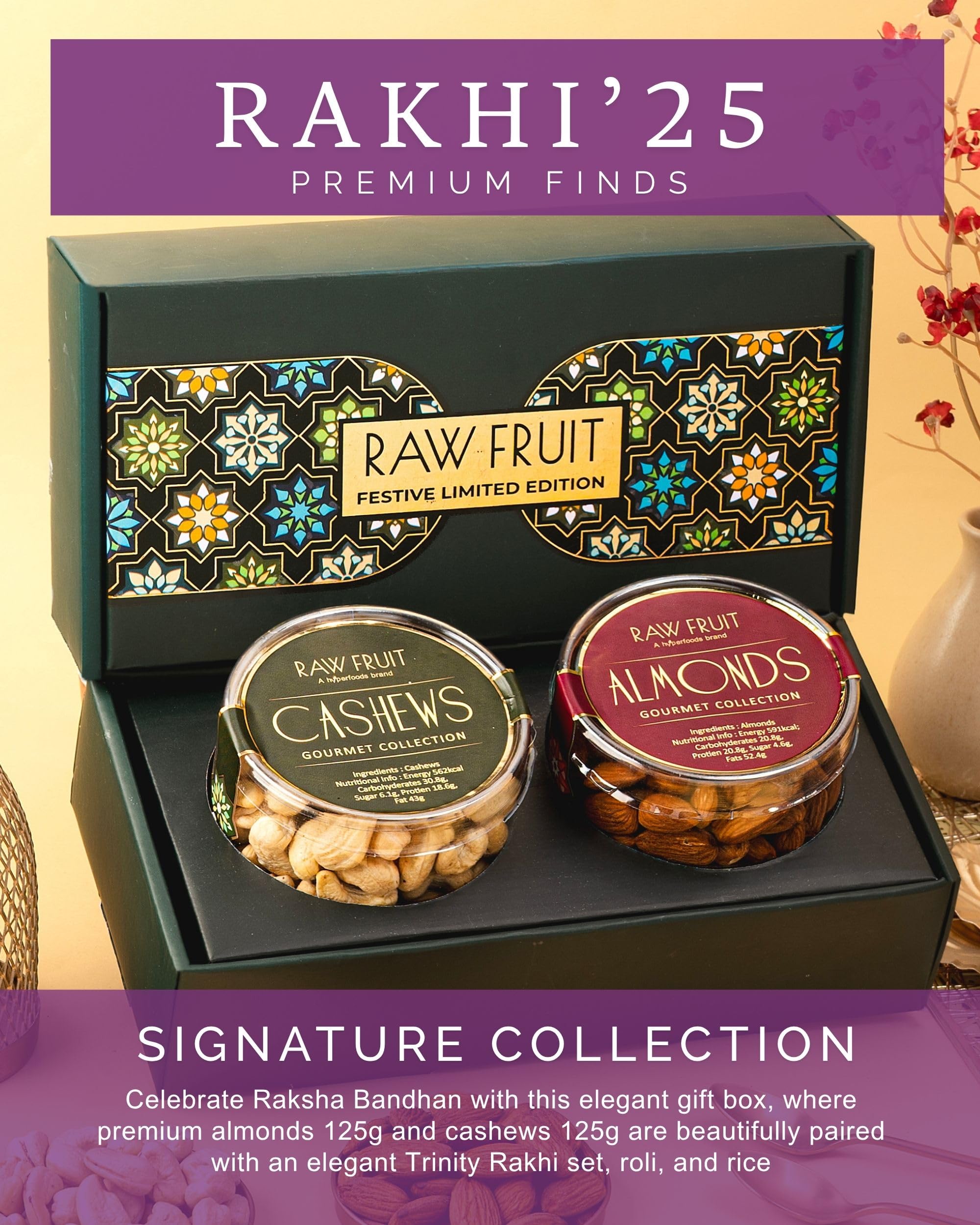 HyperFoods® Rakhi Gift For Brother with Dryfruits Cashews Almonds 250 Grams Dry Fruits Gift Pack Trinity Rakhi Set of 3 with Roli & Rice 1