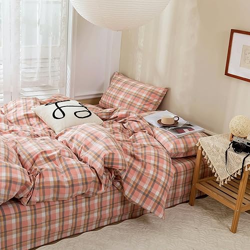 Miniatura 4 de MKXI Duvet Cover Geometric Pattern Plaid Duvet Cover King Washed Cotton Textured Linen Look Pink Plaid Duvet Cover for Girls Cozy Breathable Duvet