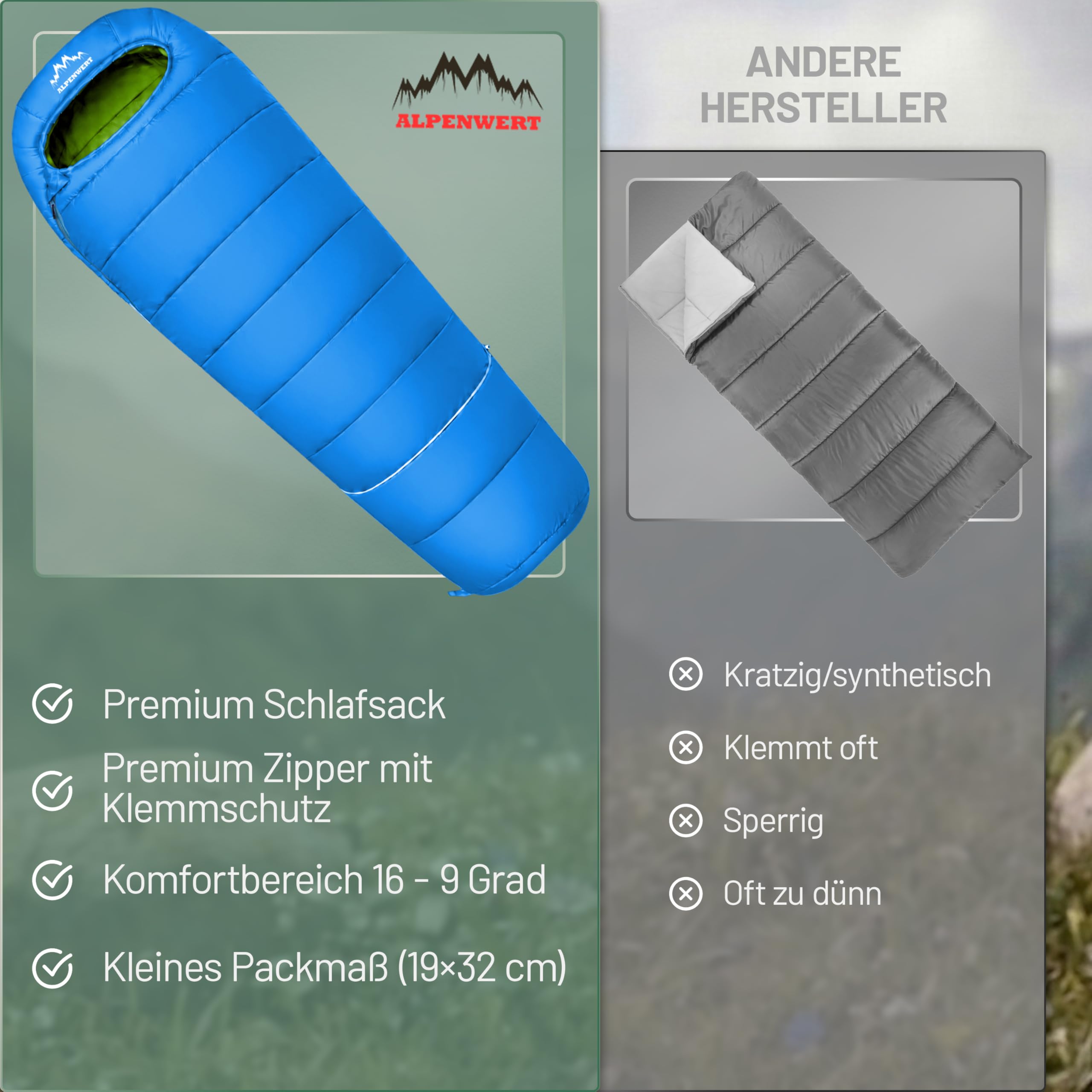 ALPENWERT® Kinderschlafsack Sommer – wächst mit! [130–170 cm] – Nur 920g, Kompakt [32×19 cm] – Perfekt für Camping, Festival, Outdoor – Mumienschlafsack ab 6 Jahren