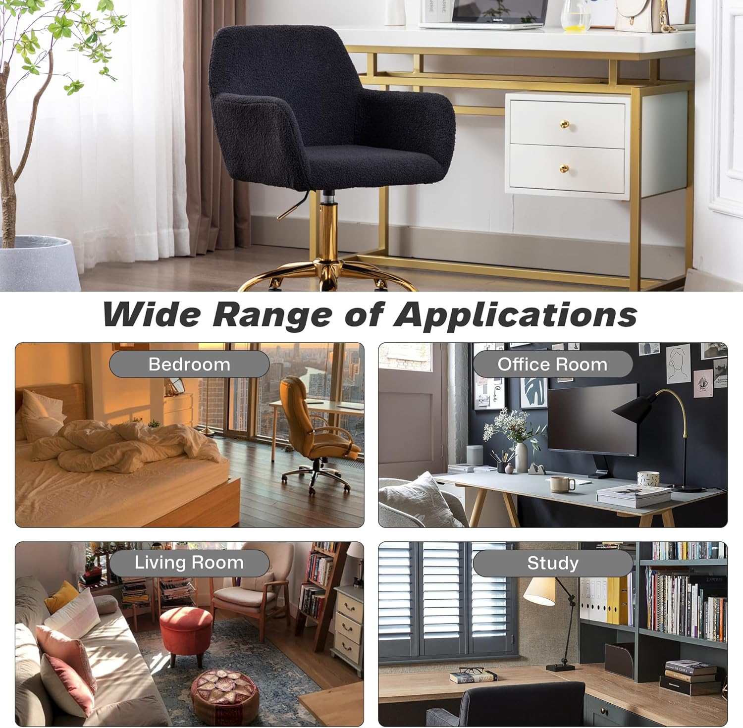 KCC Faux Fur Office Desk Chair, Comfy Swivel Armchair with Wheels, Upholstered Fuzzy Vanity Chair, Adjustable Seat Height, Black Black+golden Base