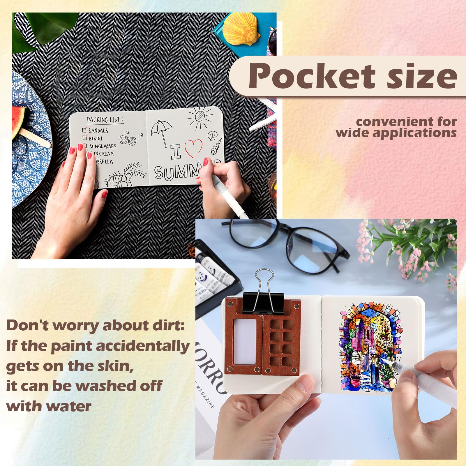 Watersay Juego de 20 mini pinturas de acuarela, kit de viaje de paleta de pintura de bolsillo, kit de viaje de acuarela con caja de paleta de rejilla de madera, cuaderno de bocetos, bolígrafos, clips
